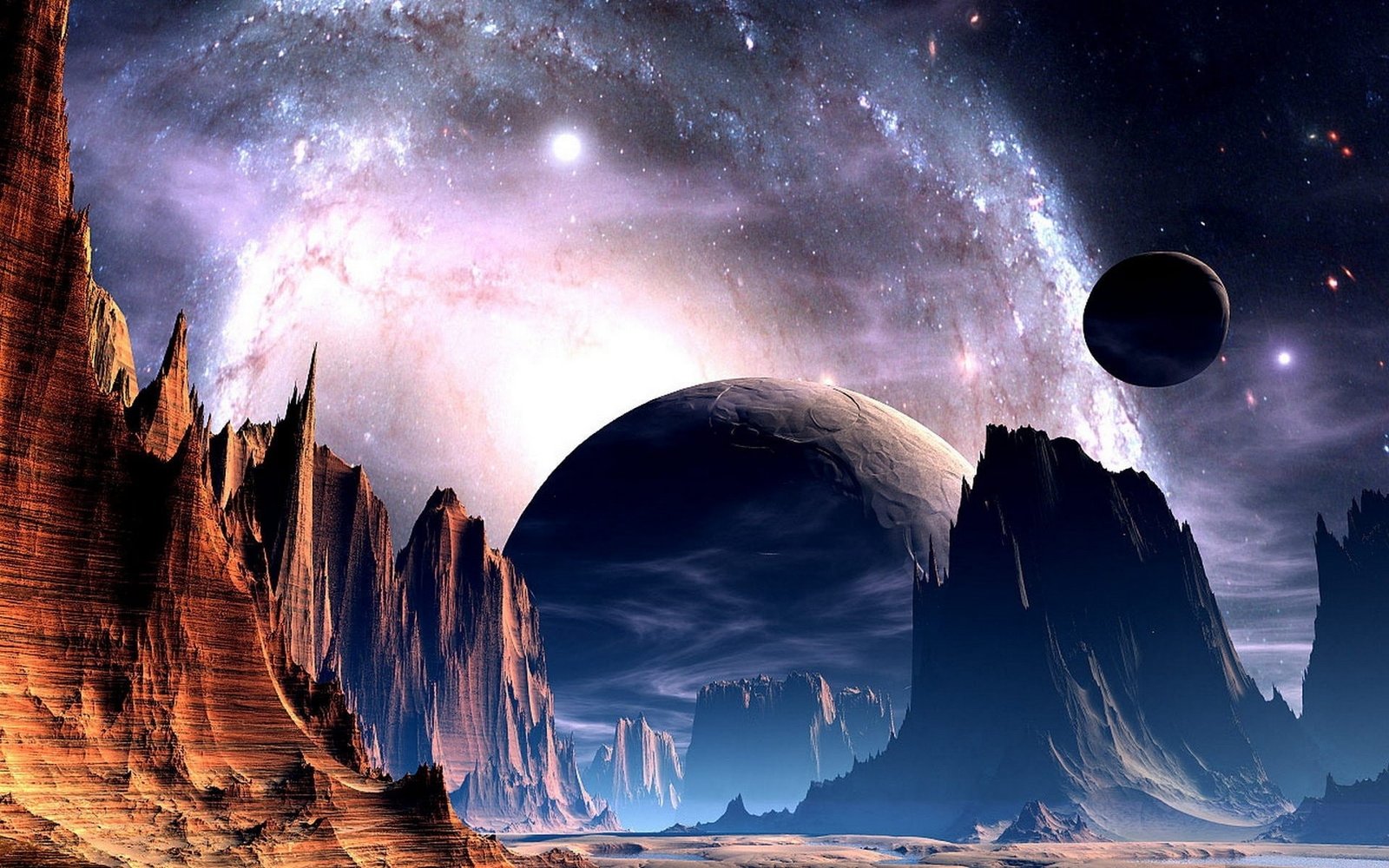 Sci Fi Science Fiction Planets Alien Sky Stars Nebula Galaxy Space Universe Light Bright Nature Landscapes Mountains Cliff Valley Spire Art Artistic 2k