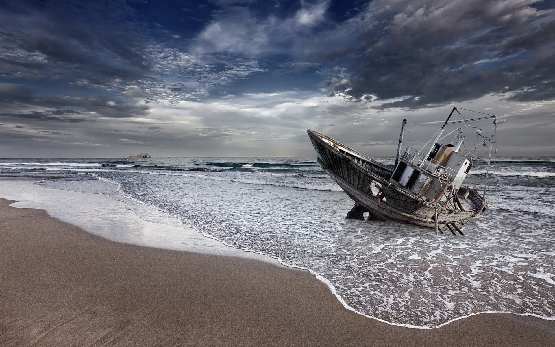 Boat Beached Beach Ocean Clouds Shore Abandon Deserted Urban Decay HD 2k