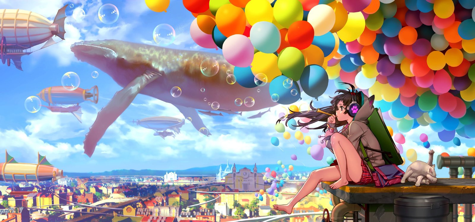 girl and balloons animated wallpaper black haired anime character sitting near illustratio 2k