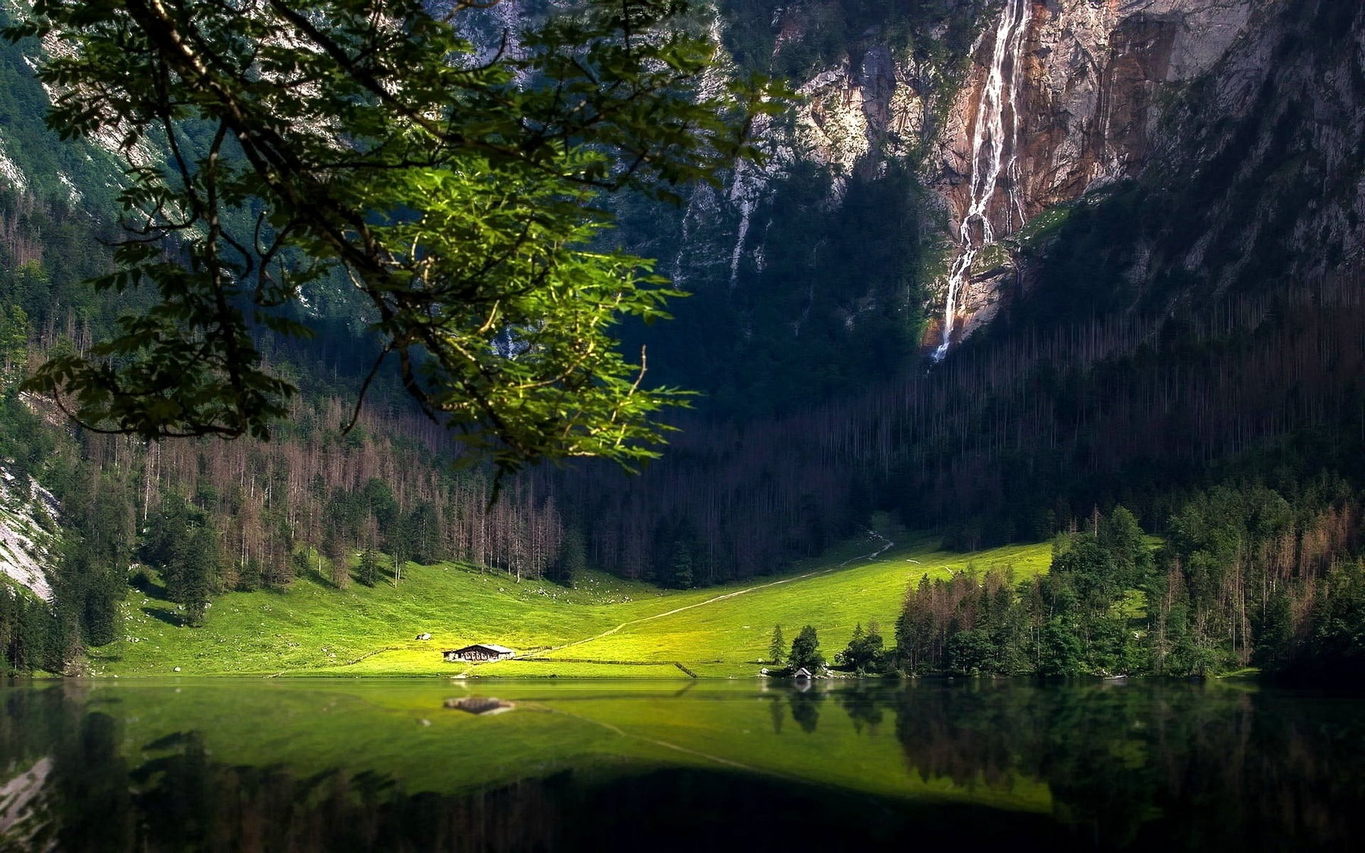 lake green leaf plants and brown mountains landscape nature 2k