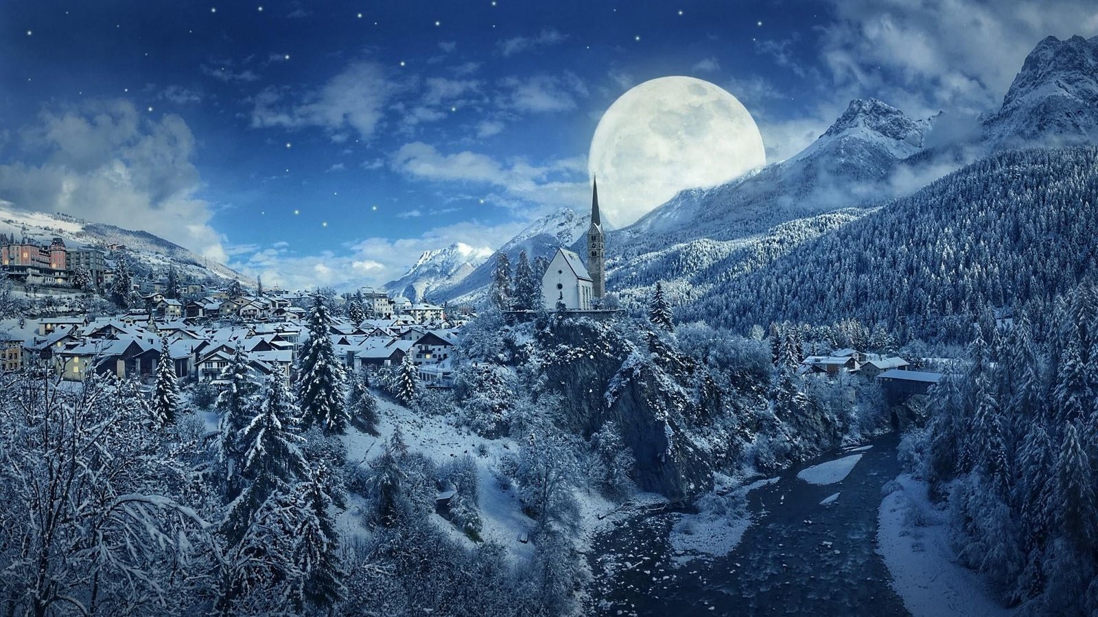 church village night forest river sky mount scenery 2k