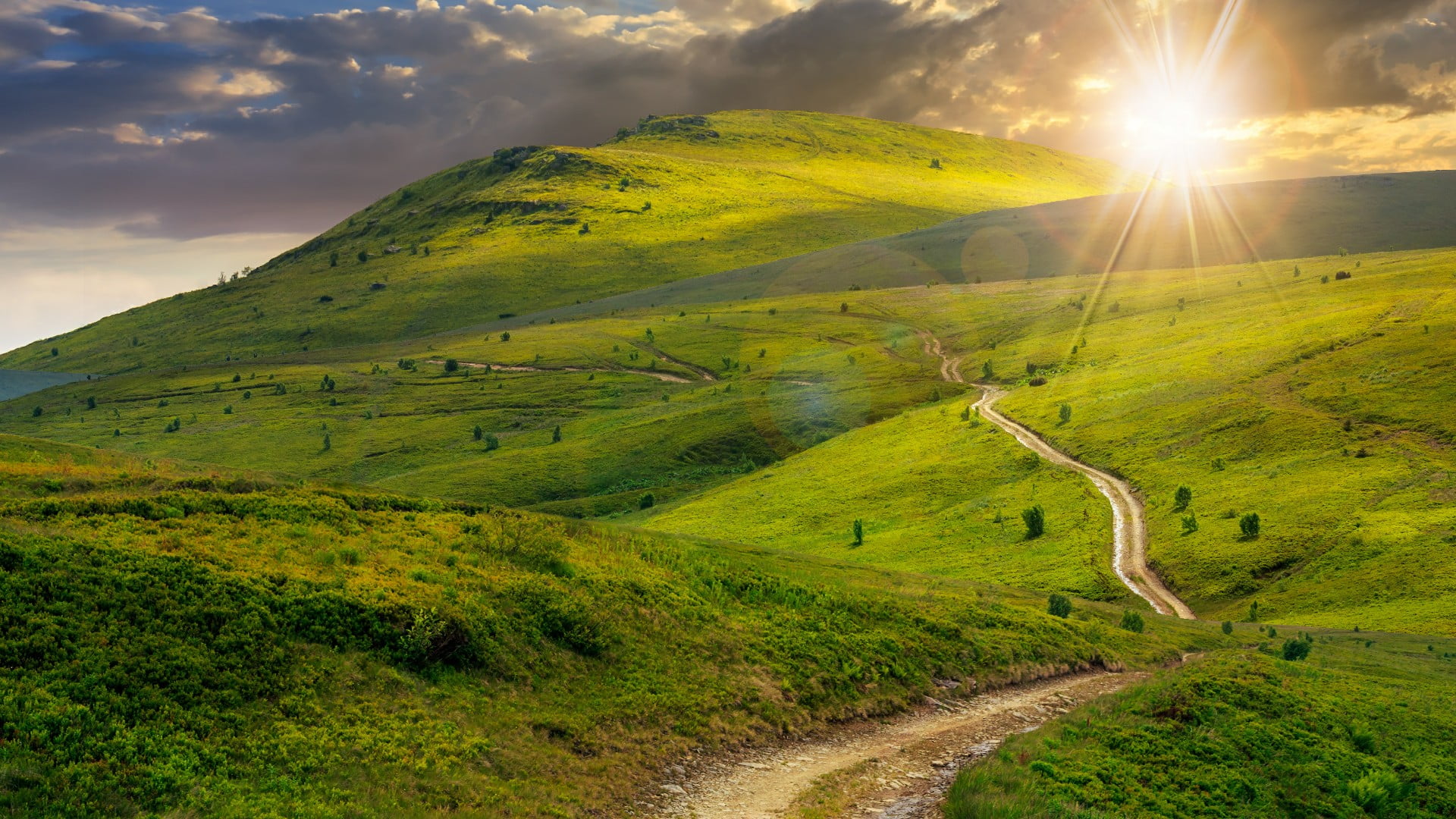 morning sunshine rays sunrays pasture sunlight mountain 2k