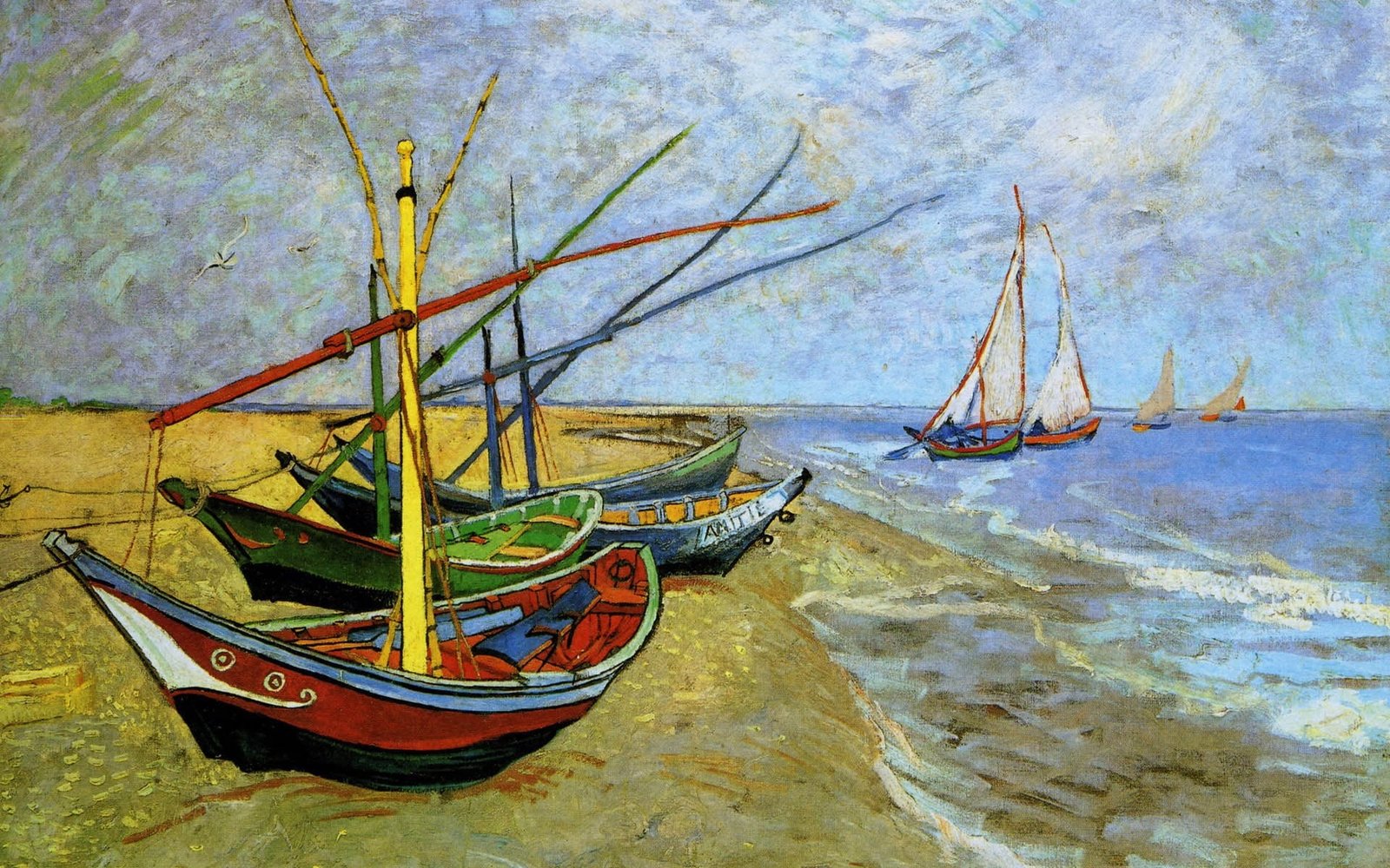 multicolored sailboats painting sea the sky landscape shore 2k