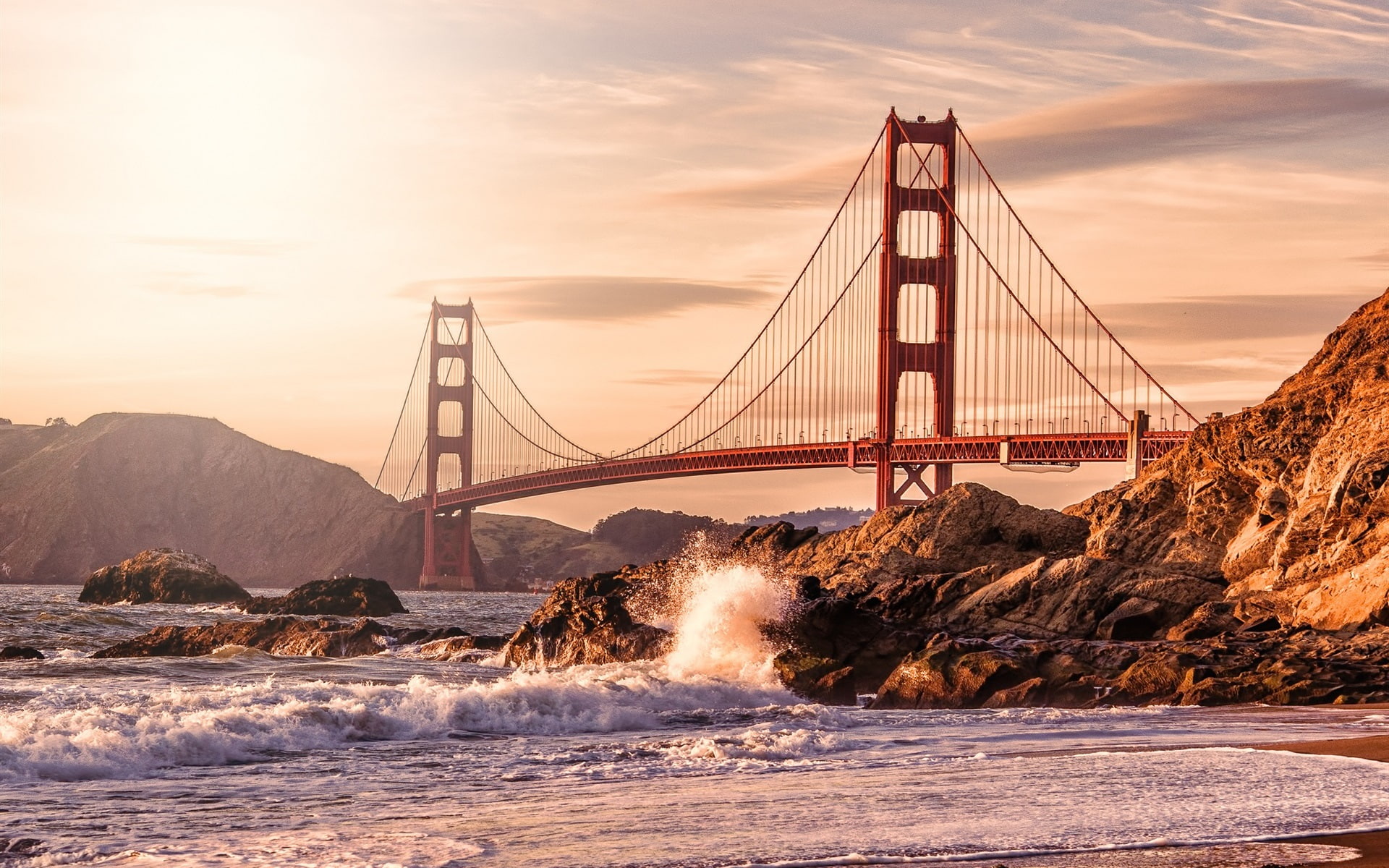 USA San Francisco Golden Gate bridge rocks waves beach golden gate san francisco california 2k