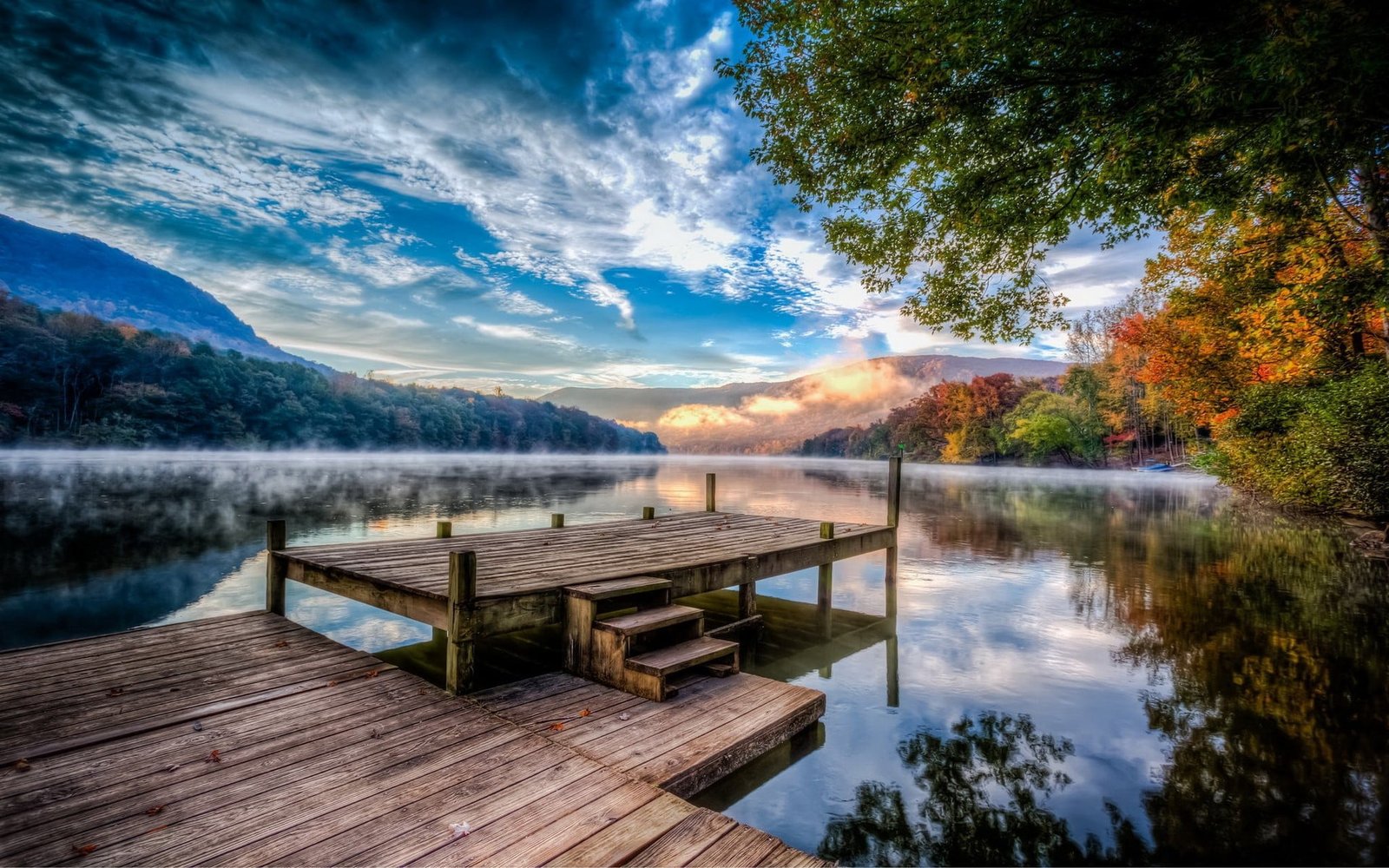 brown wooden dock lake nature sunset mountains fall pier 2k
