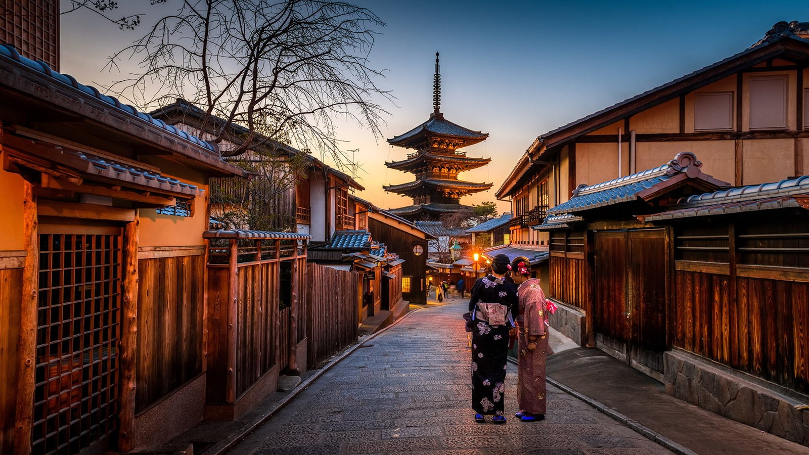 women's black and pink kimono Japanese women Kyoto pagoda 2k