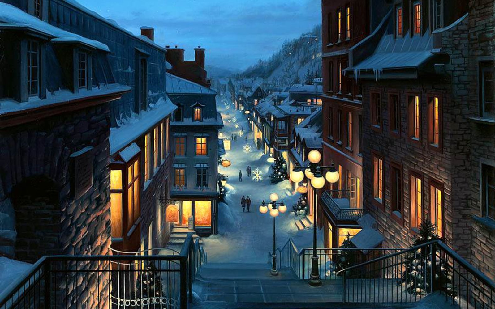 brown brick houses landscape snowflakes city the lights 2k