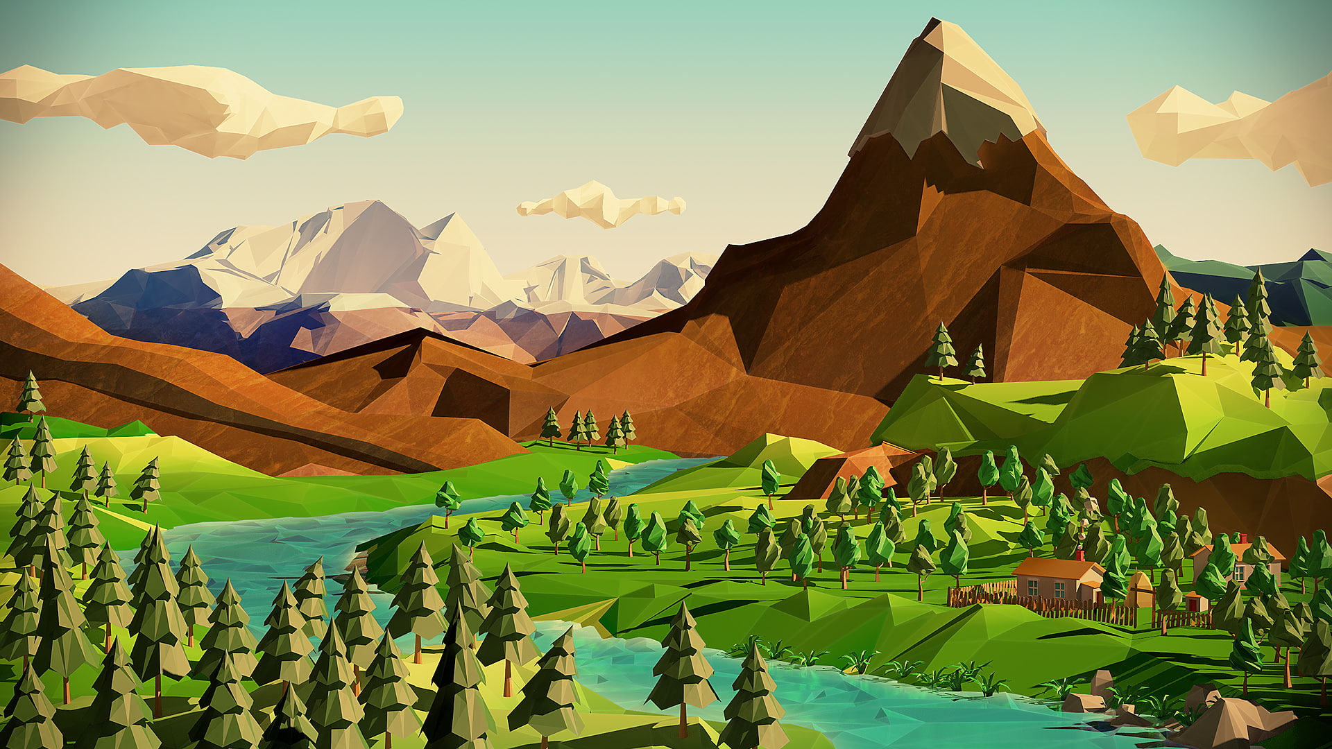 Polygon Art Landscape Mountains Trees River HD digital artwork 2k