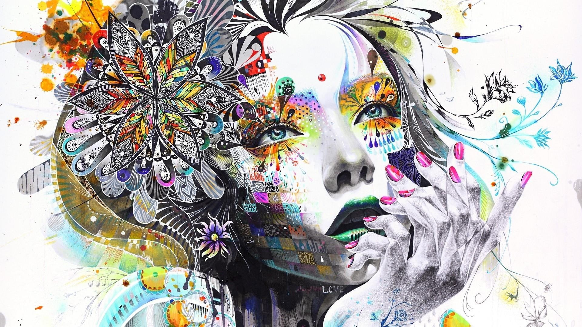 abstraction painting girl flowers hand toughtful rendering 2k