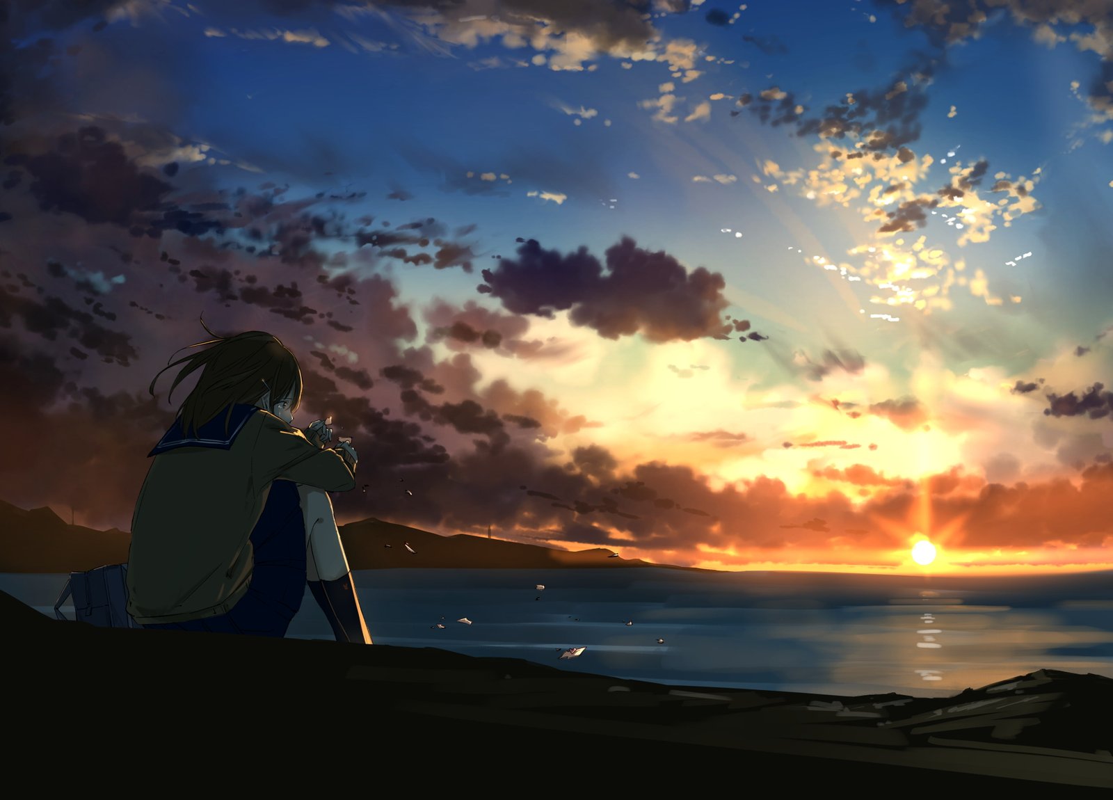 anime girl crying lonely sunset clouds school uniform 2k 4k