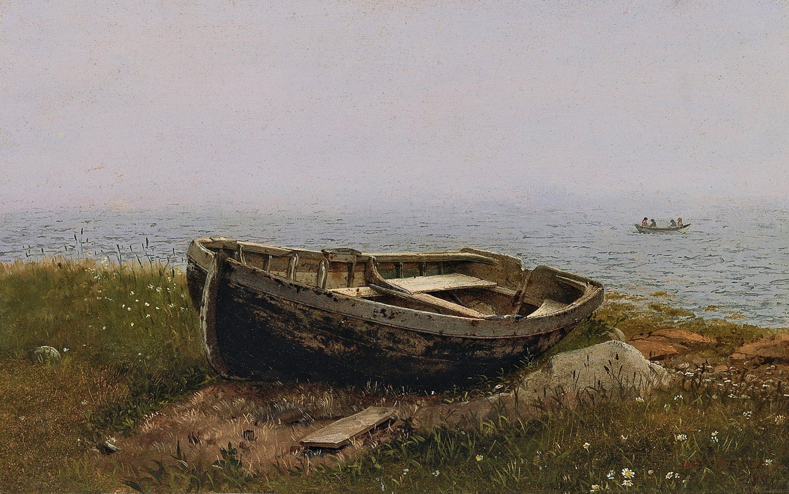 brown wooden boat sea landscape children stones shore picture 2k