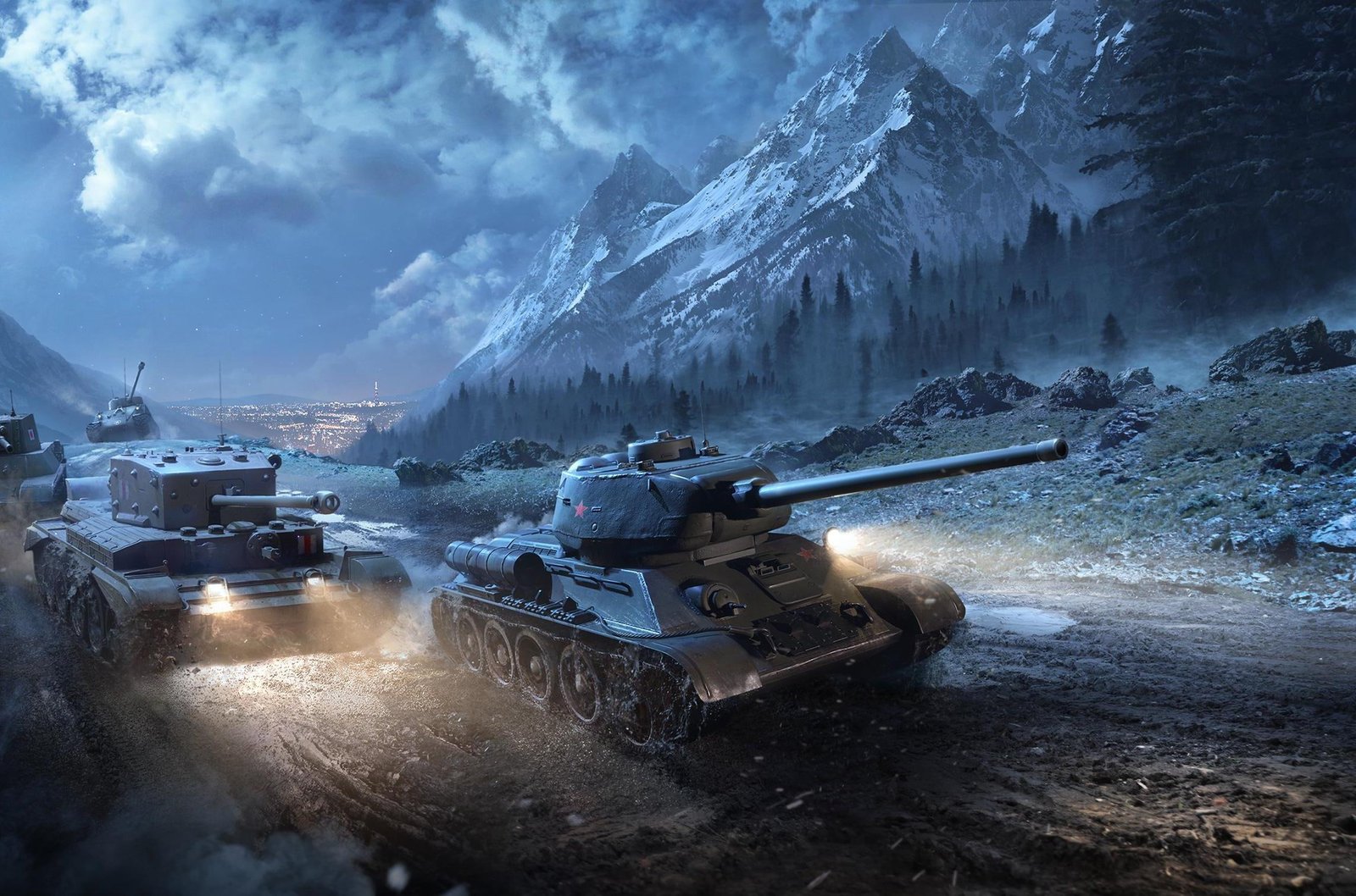 gray war tanks illustration Clouds Mountains Fog The city 2k