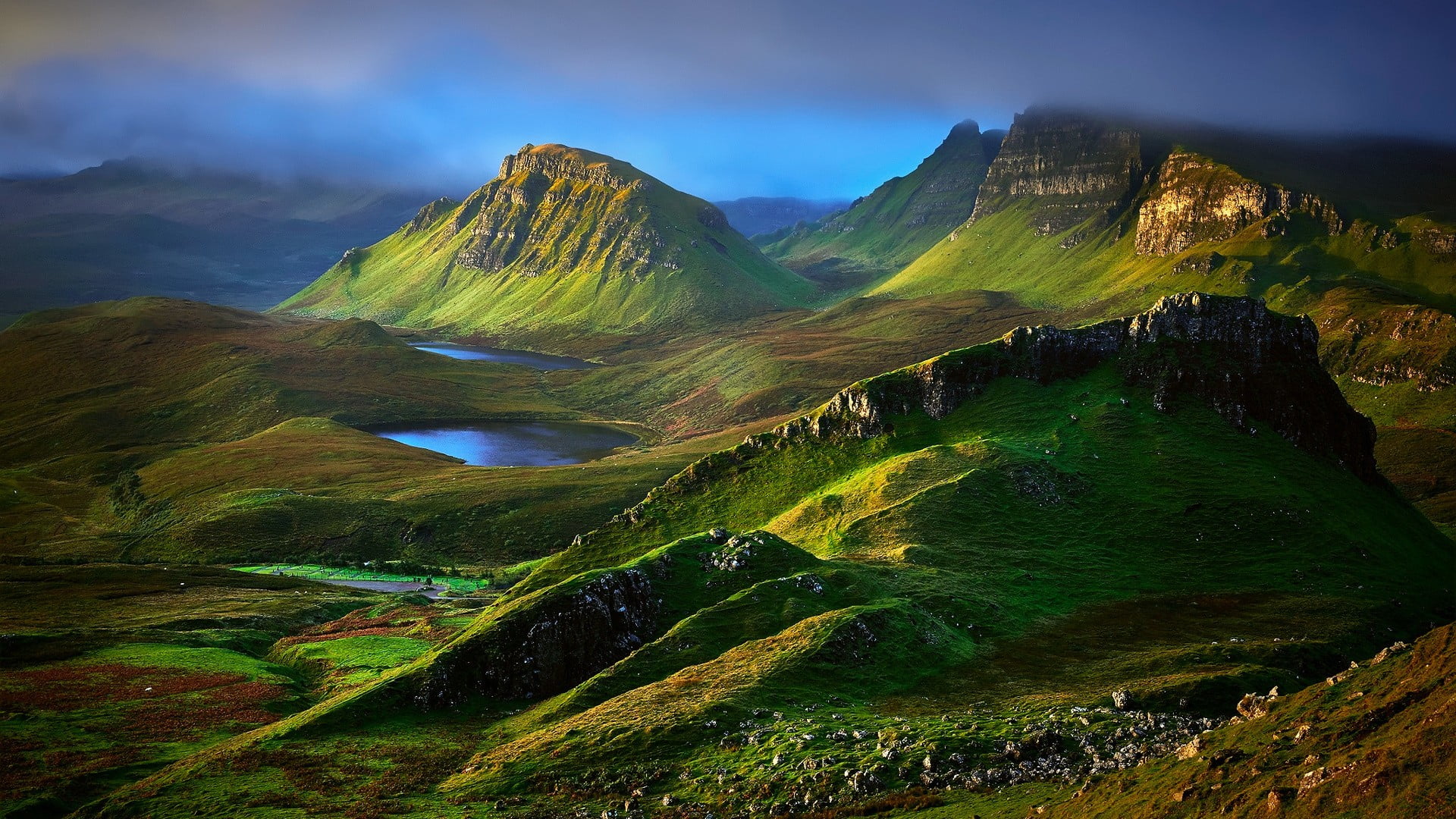 green highland nature landscape mountains hills clouds Skye 2k