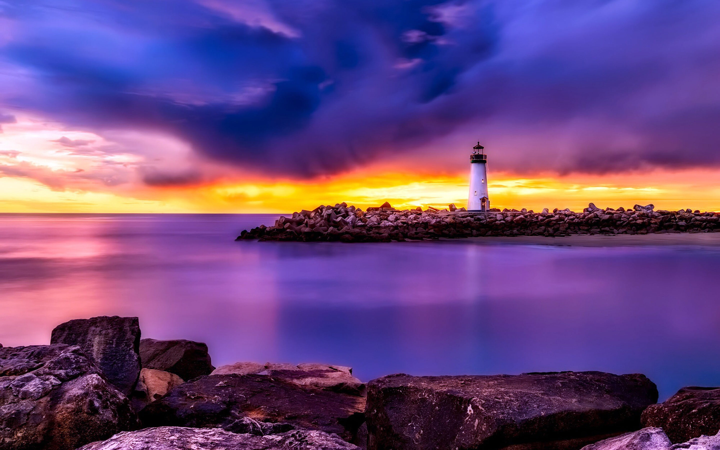 Ocean Bay Beach Sunset Lighthouse Scenery water sky cloud 2k
