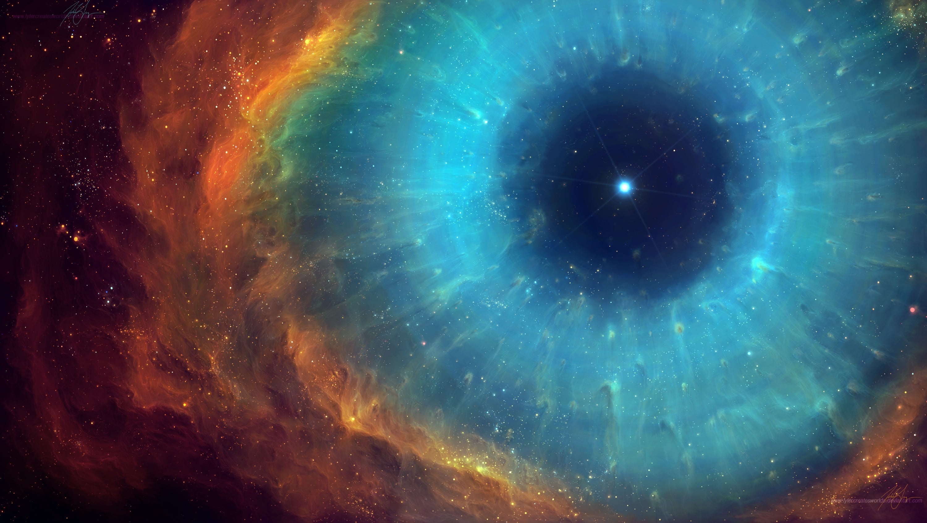 teal and orange galaxy universe eyes nebula helix 2k