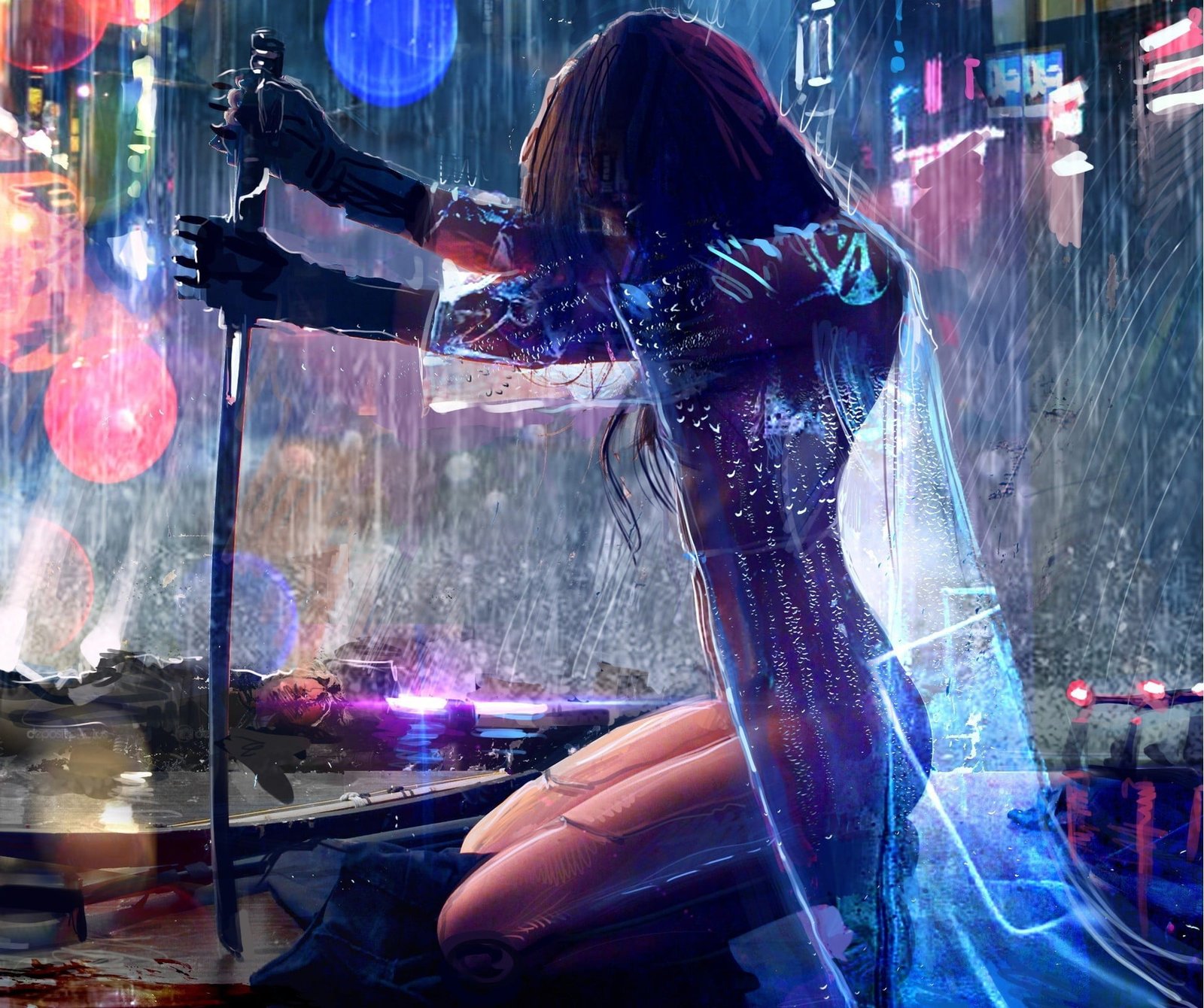 woman with sword wallpaper women artwork warrior rain cyberpunk 11 2k