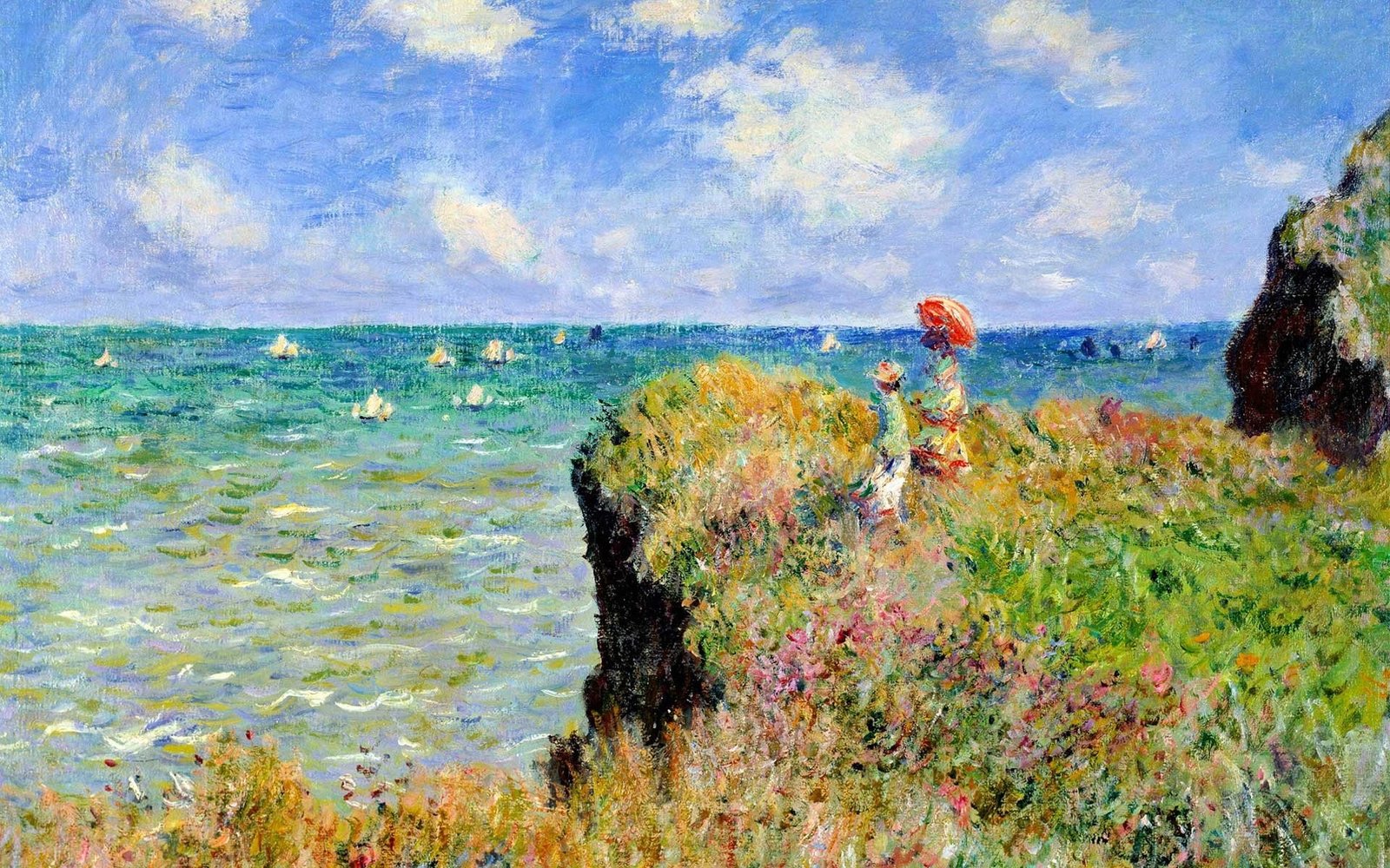 painting of two people on cliff sea Claude Monet France parasol 2k