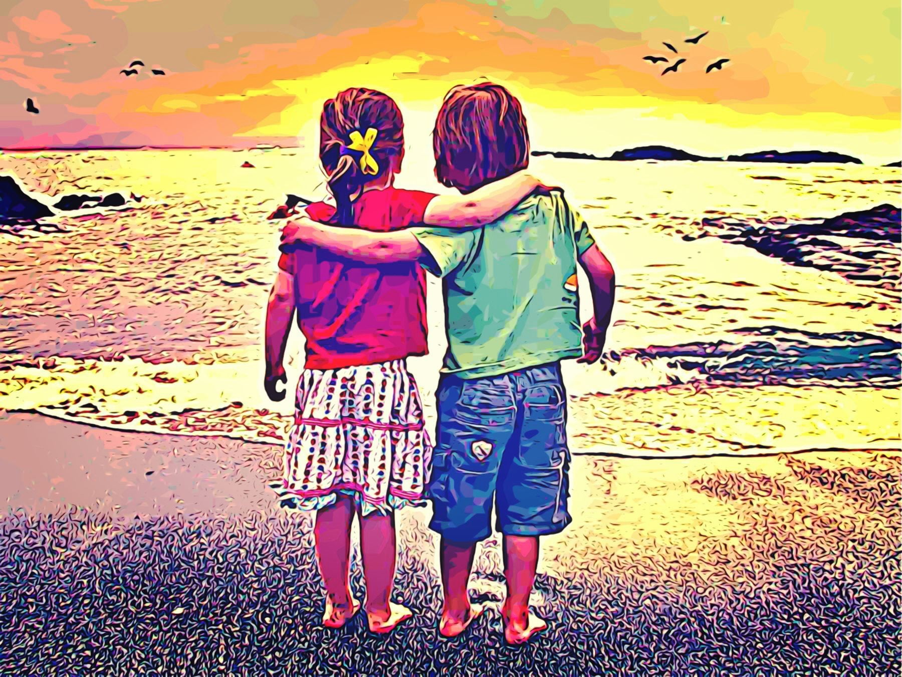 photography of girl and boy on the beach couple children digital art 2k