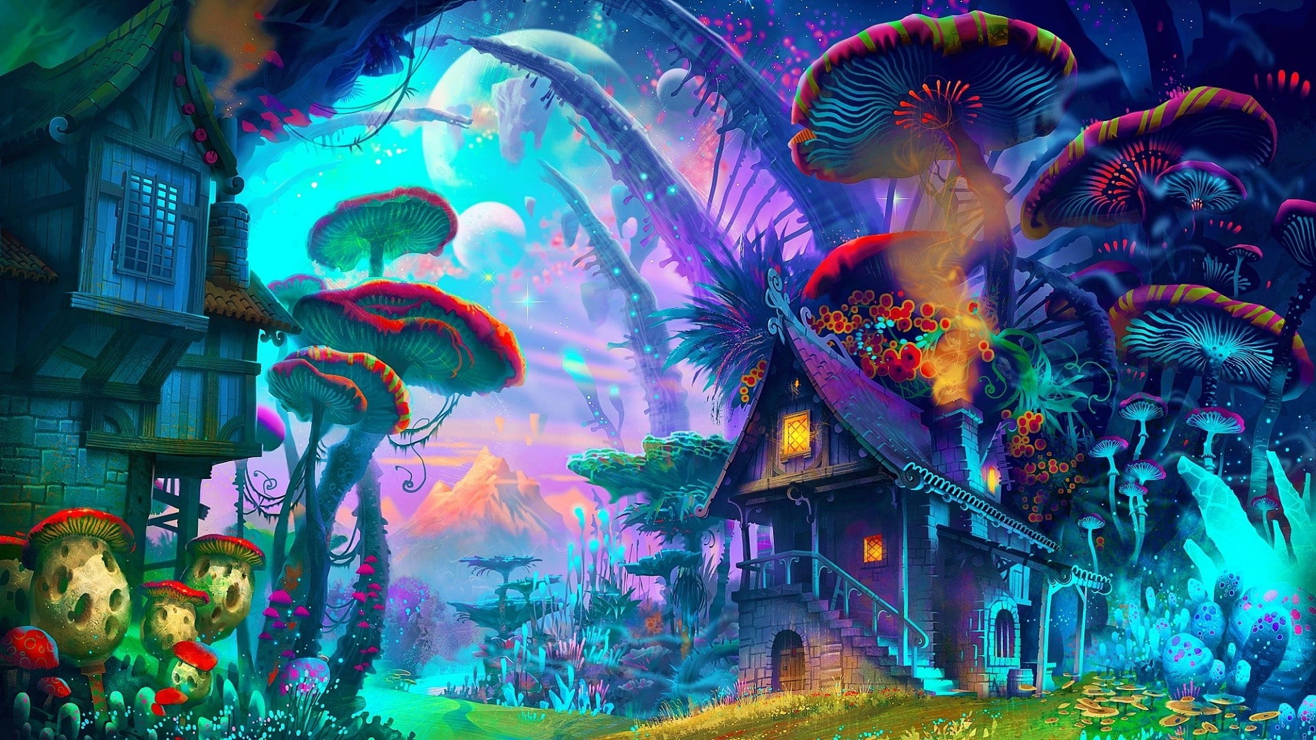 Colorful drawing fantasy Art house mountain mushroom nature 2k
