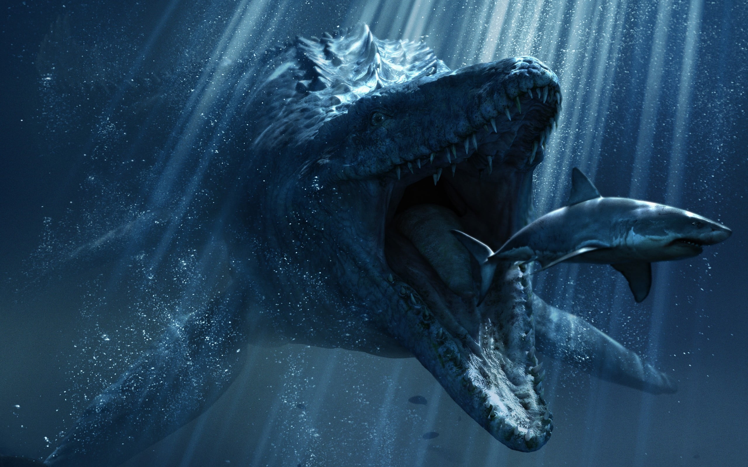 Jurassic World wallpaper digital art drawing underwater shark 2k