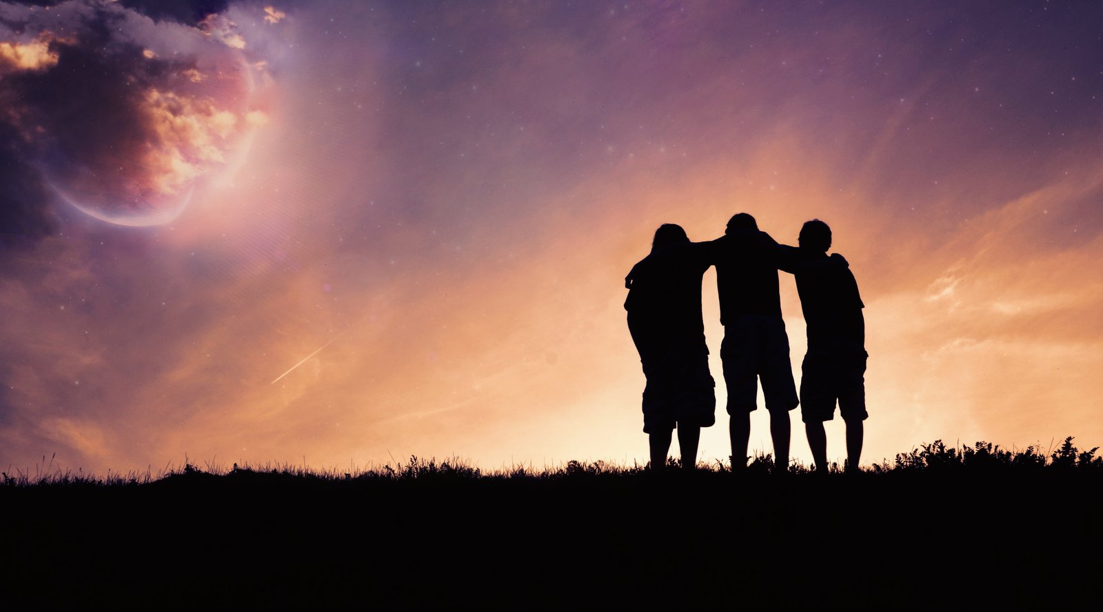 three men standing on top of hill silhouette person sunset 2k 4k 5k