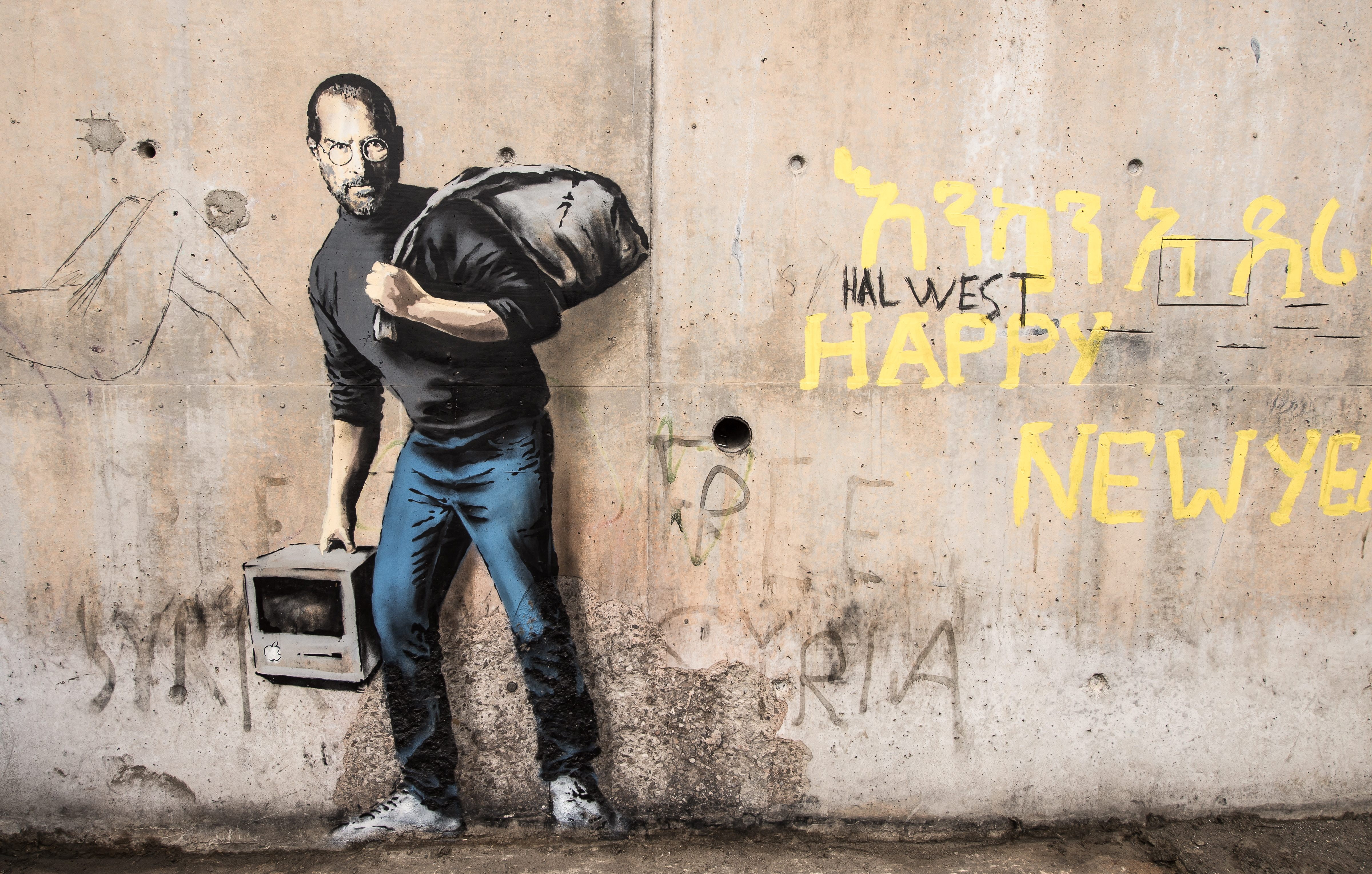 Banksy graffiti concrete Steve Jobs urban wall street art 45 2k 4k 5k