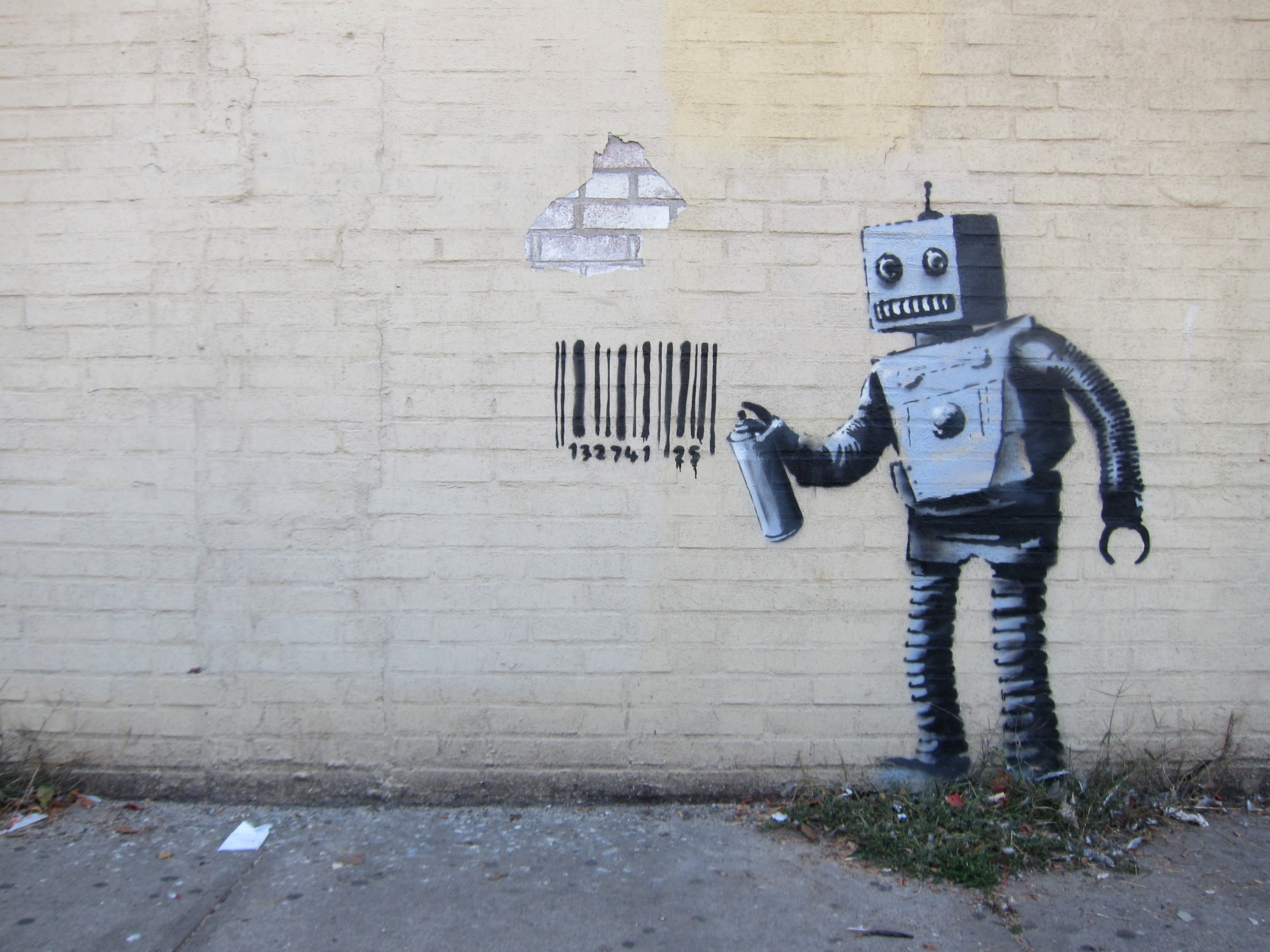Banksy graffiti concrete wall urban robot barcode street art 74 2k