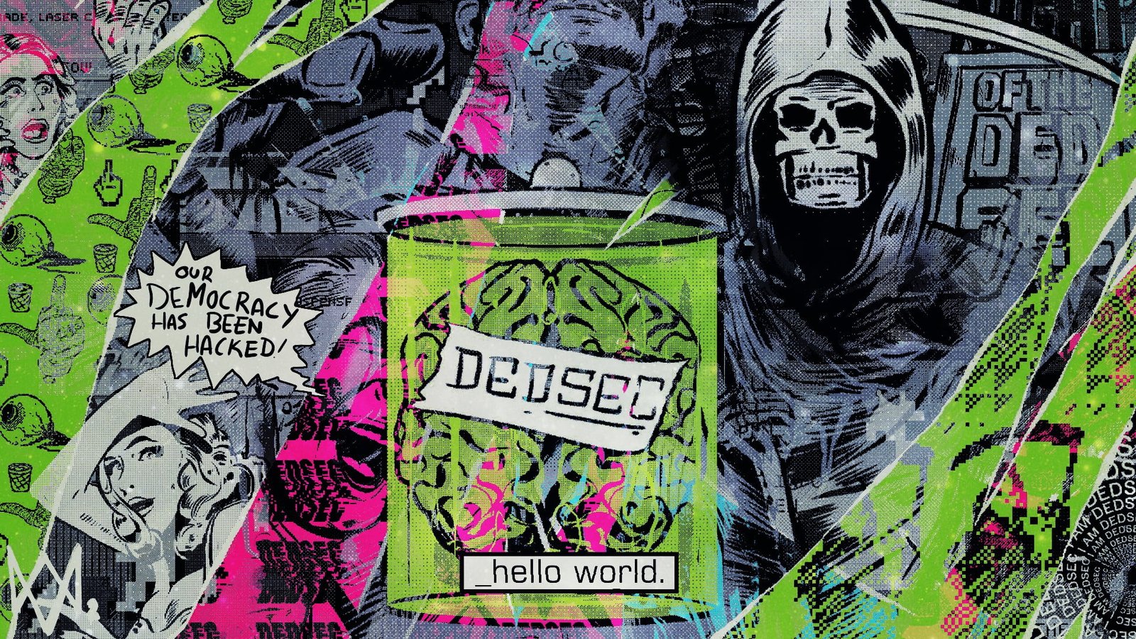 hello world comic wallpaper DEDSEC Watch Dogs hacking Democracy 2k