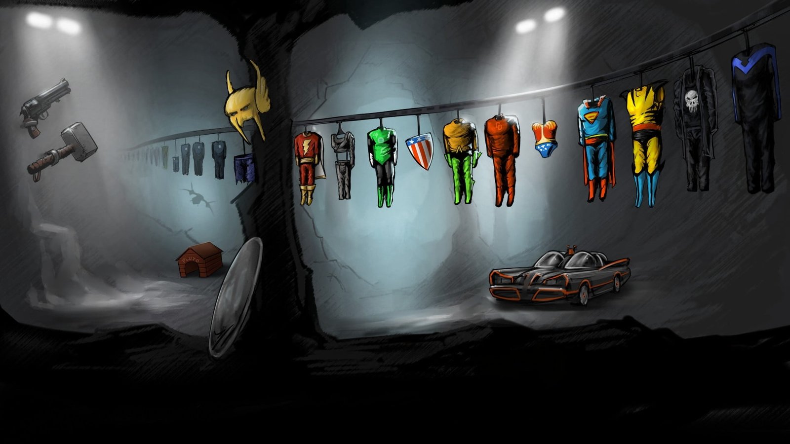 DC Comics character costumes hanged digital wallpaper Batman 2k