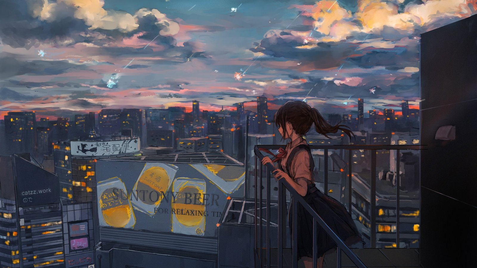 anime girl sadness falling stars cityscape scenic rooftop 2k