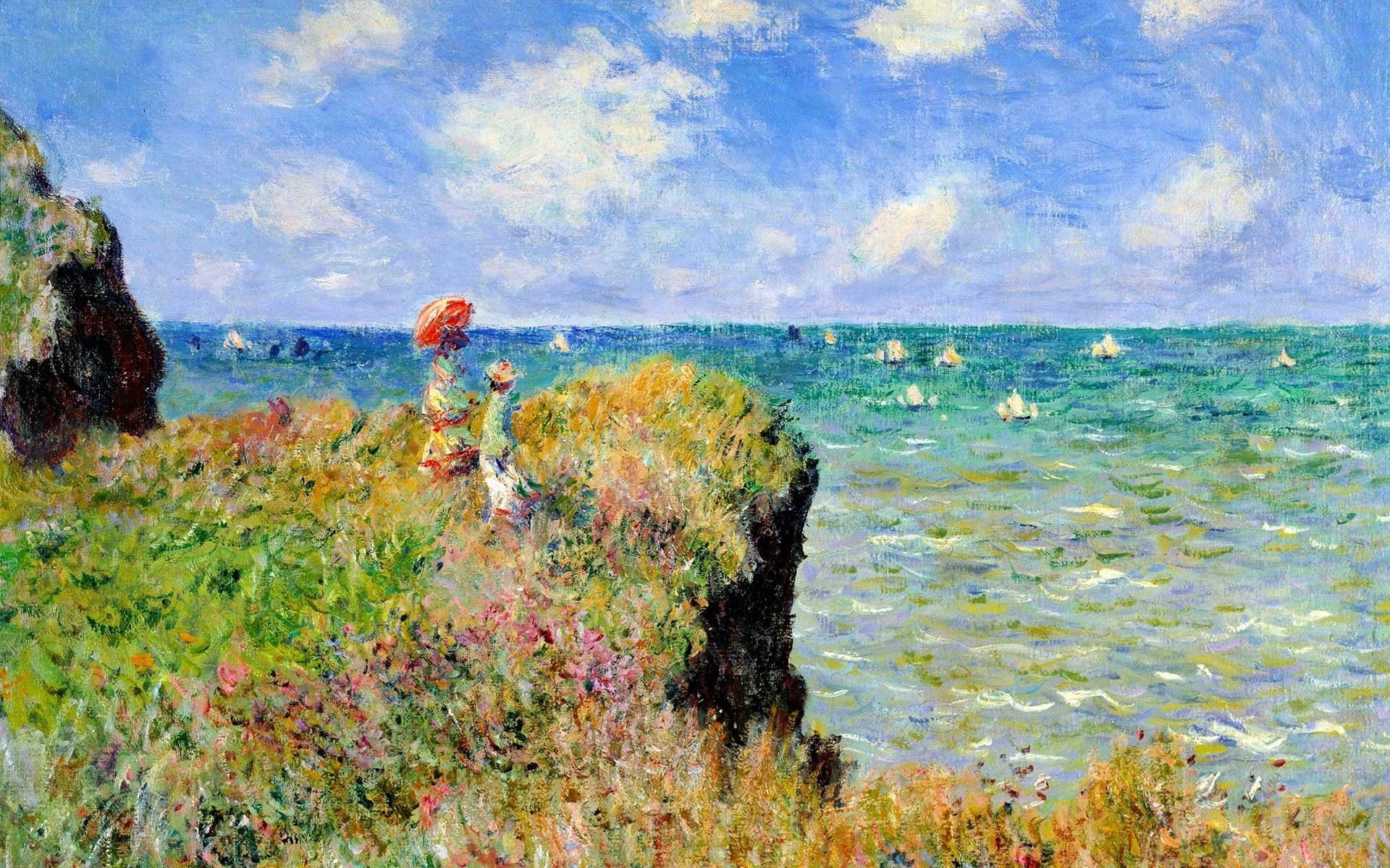 claude monet painting sea cliff france parasol classic art 2k
