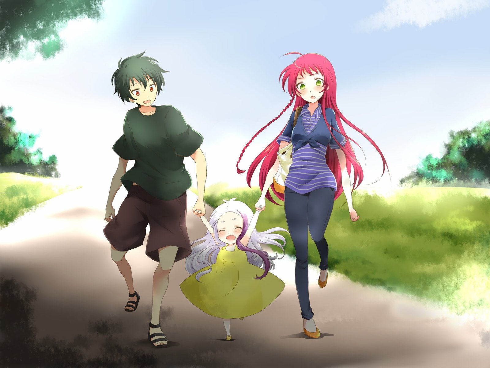 girl between man and woman illustration guy walk anime art 2k