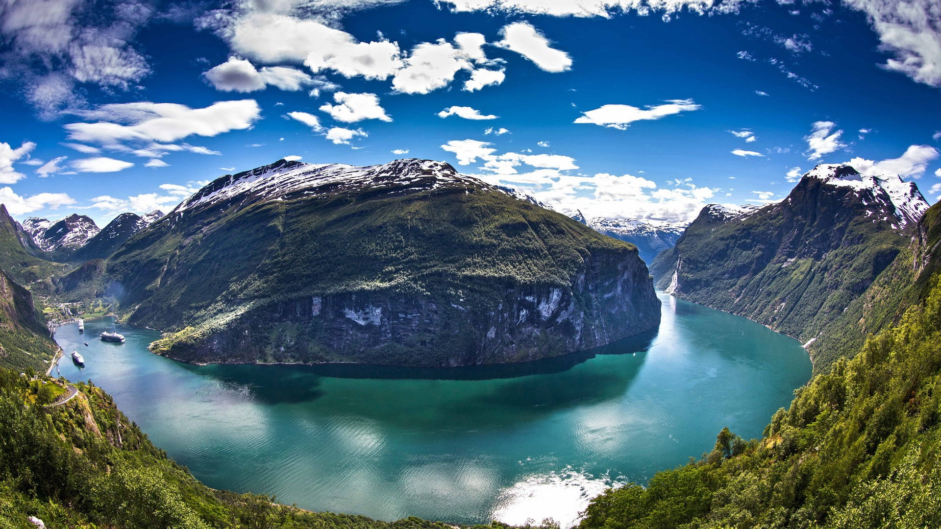 landscape nature fjord Norway mountains lake Geiranger 2k