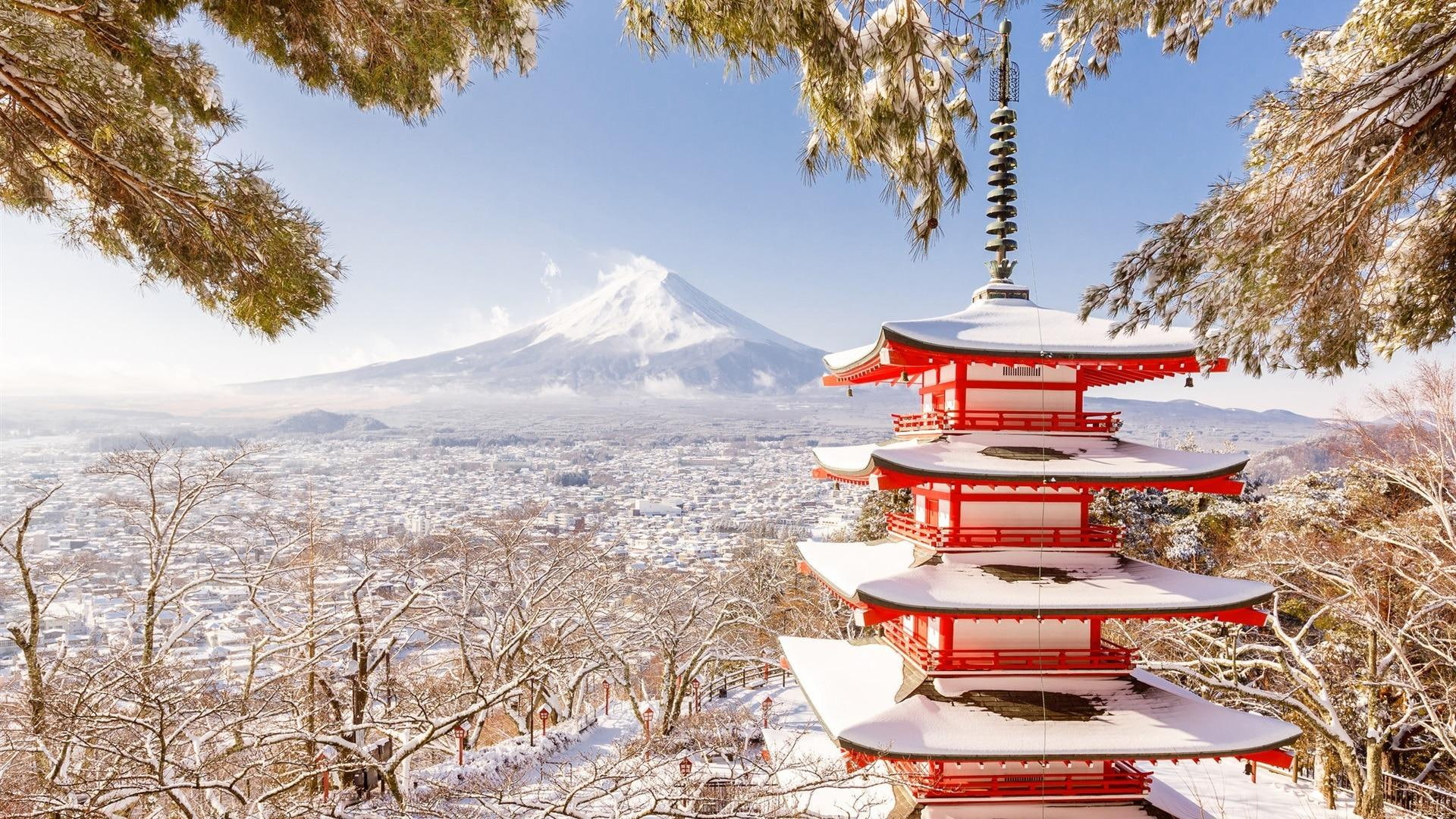 mountain temple pagoda chureito mount fuji japan 2k