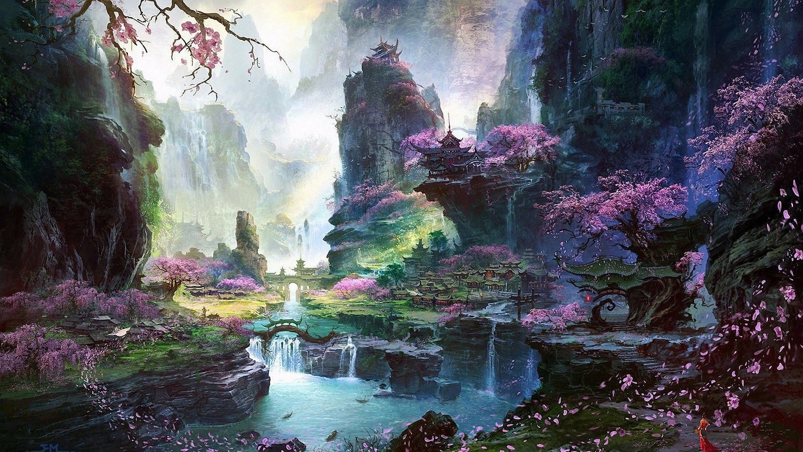 river bridge artwork cherry blossom road Halo sky fantasy art 2k