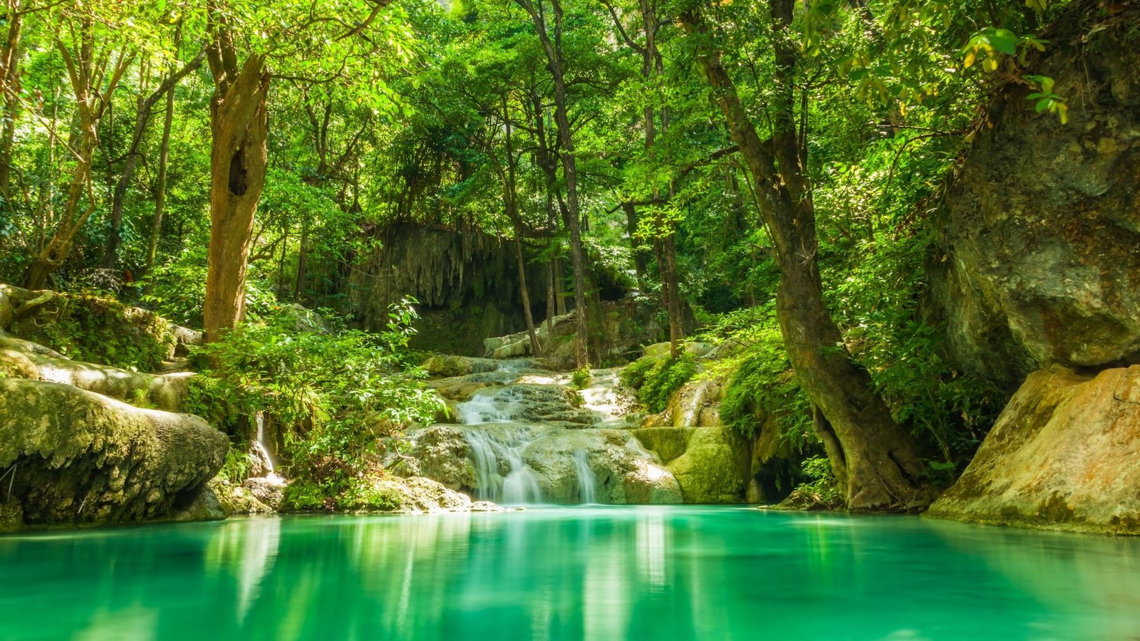 Summer forest lakes streams waterfalls rocks nature landscape 2k