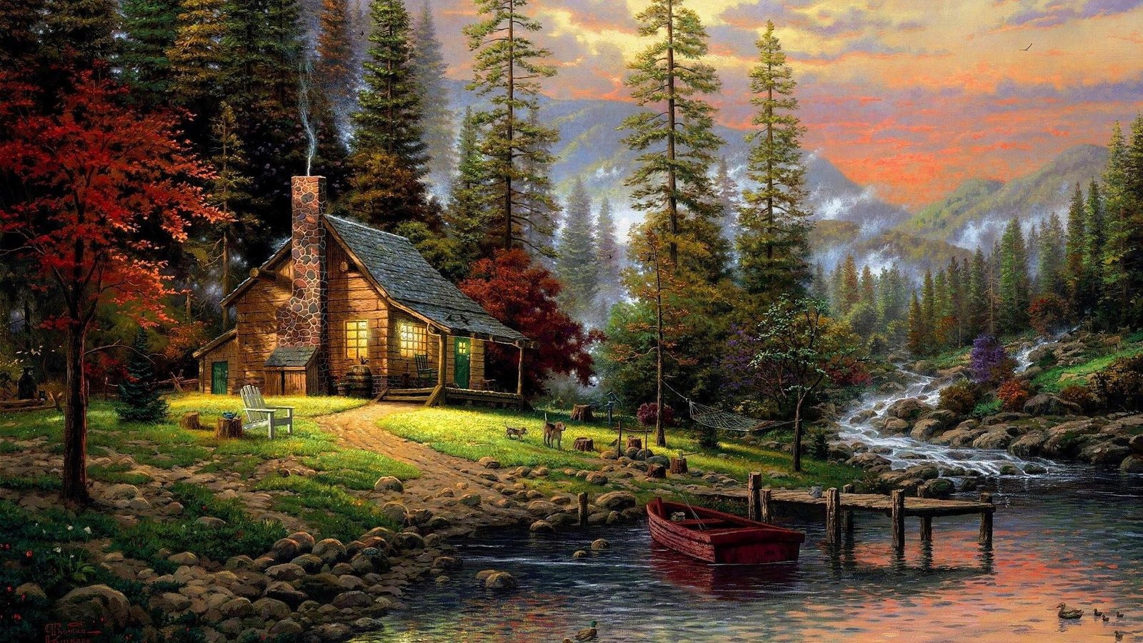 chalet painting house pine tree forest lake boat cozy 2k