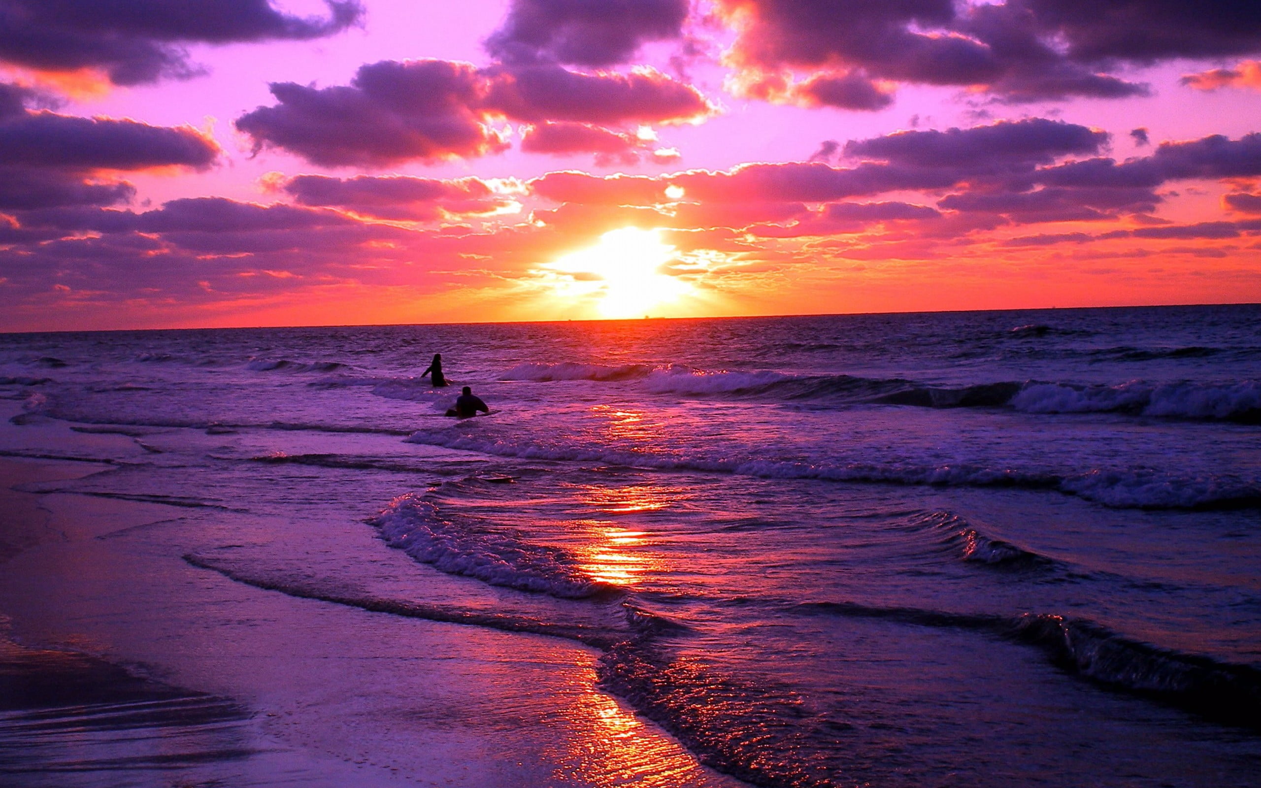 seashore sunset landscape purple orange waves beach nature 2k