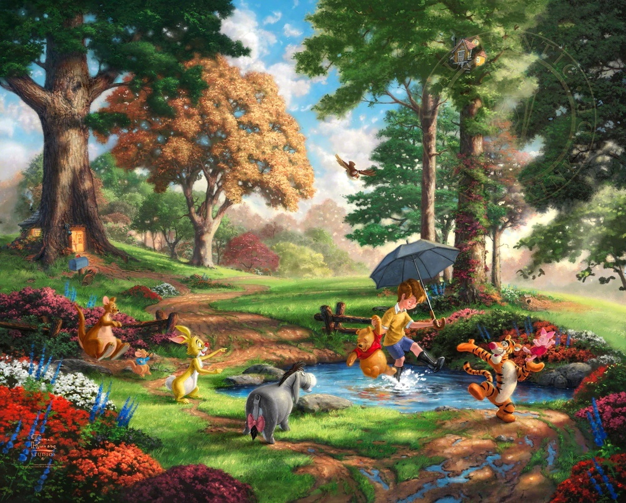 Winnie the Pooh illustration forest trees flowers glade toys 2k