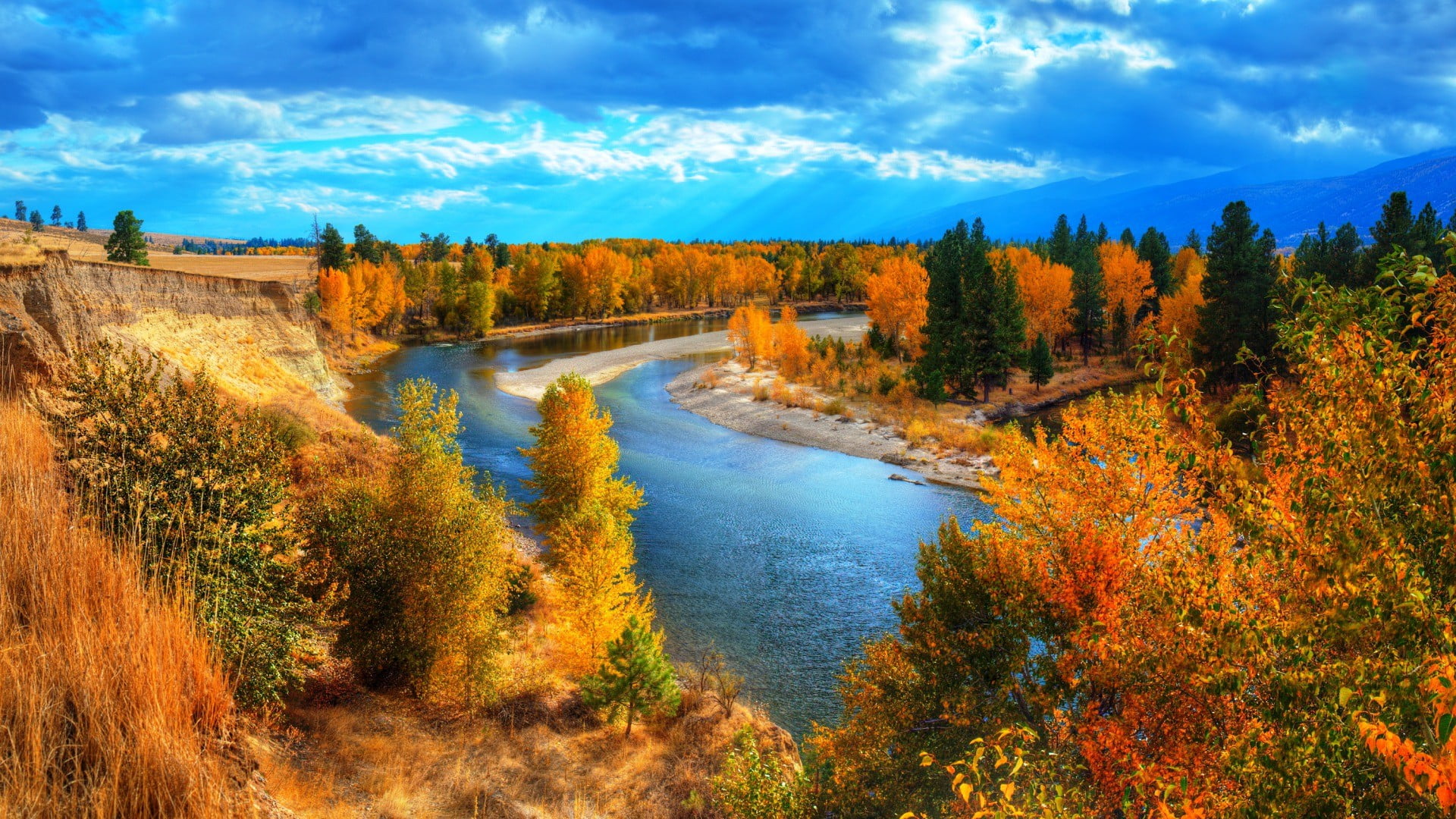 yellow leafed trees nature landscape river fall sky clouds 2k