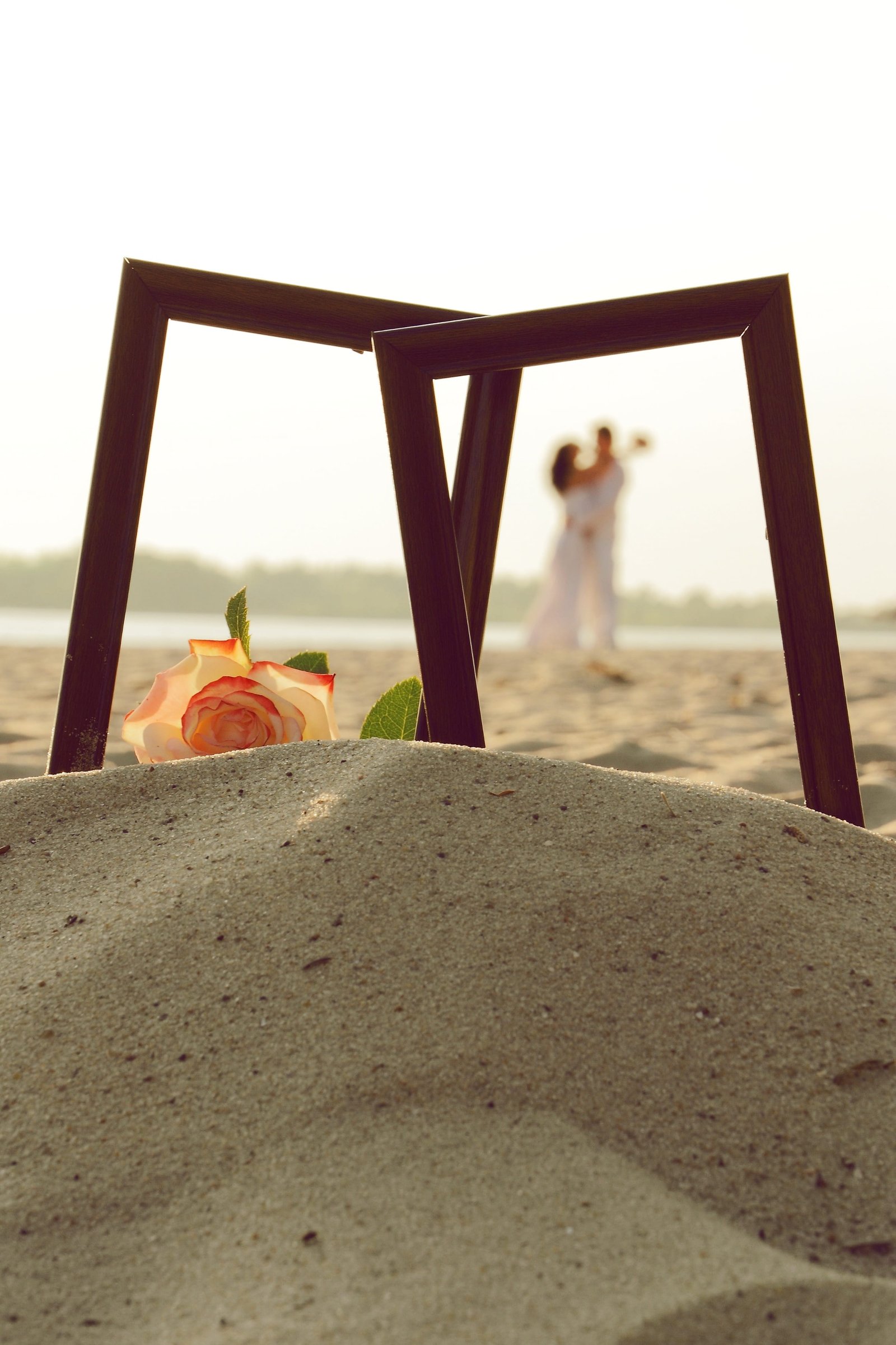 frame couple sand romantic love photo rose wedding sun 2k