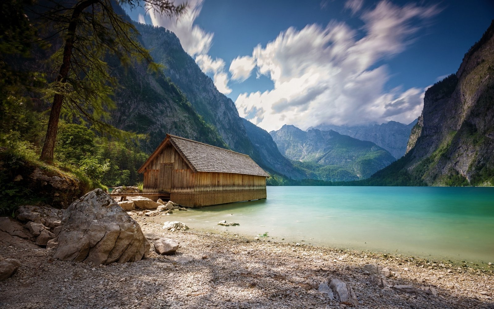 Landscape Nature Boat Houses Lake Summer Mountain Alps Clouds Trees Beach 2k