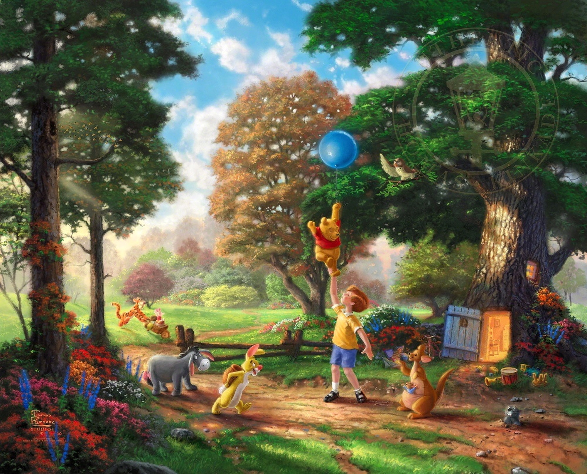 Winnie The Pooh illustration forest trees flowers glade toys 2k