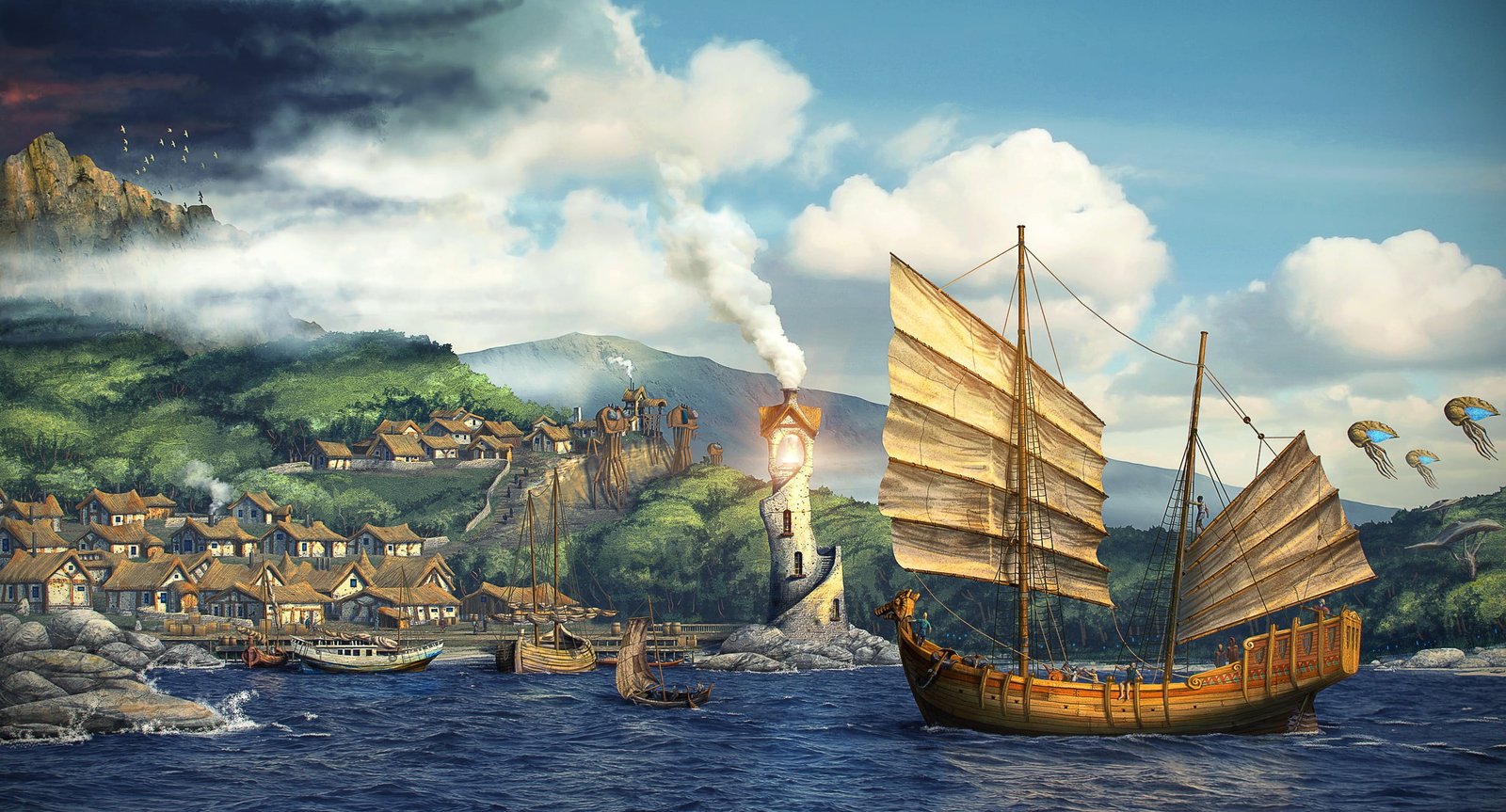 brown junk ship digital wallpaper art sailing 2k