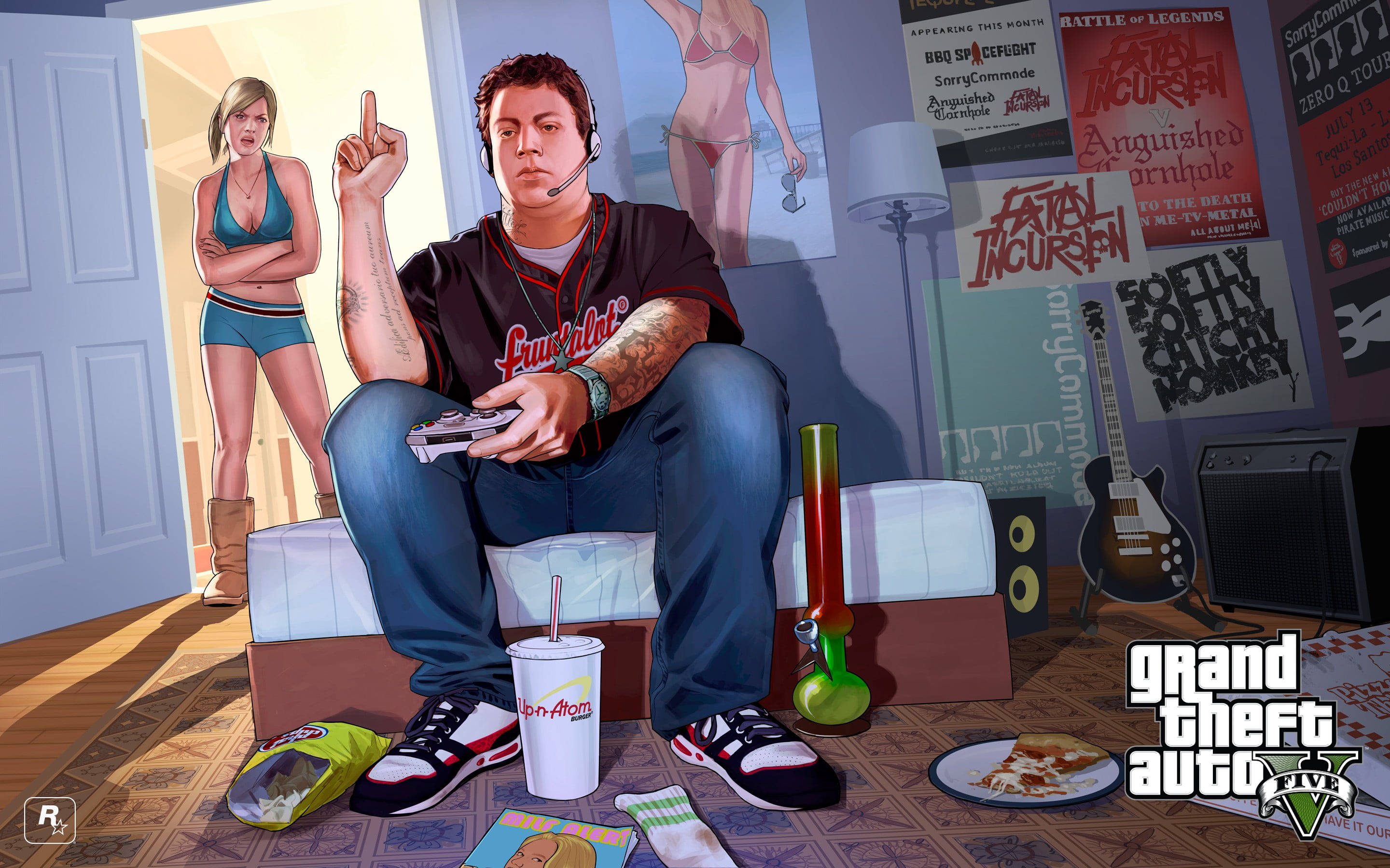 Grand Theft Auto V wallpaper man showing middle finger GTA Five illustration 2k