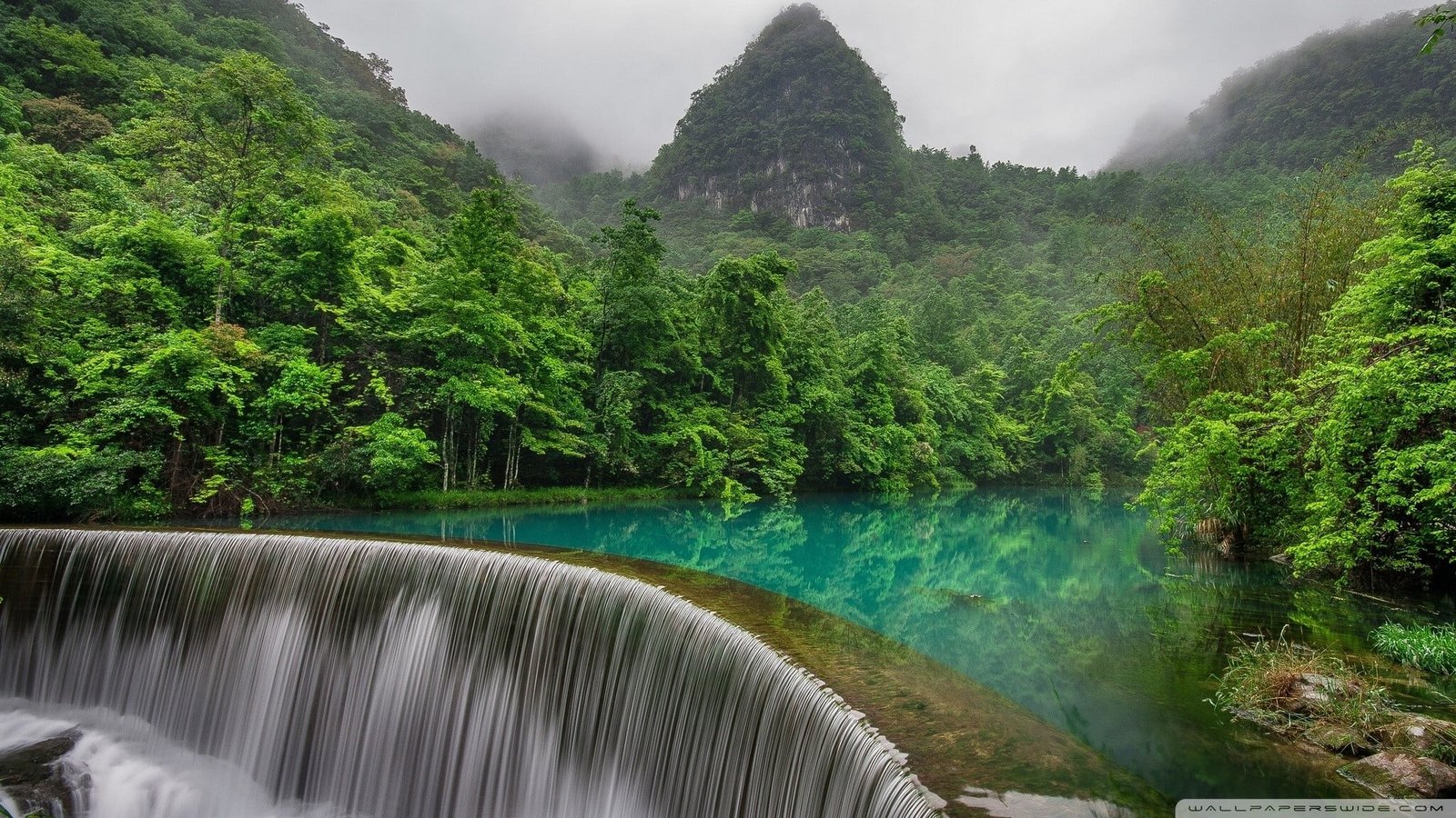 green trees near lake nature waterfall reflection forest 2k