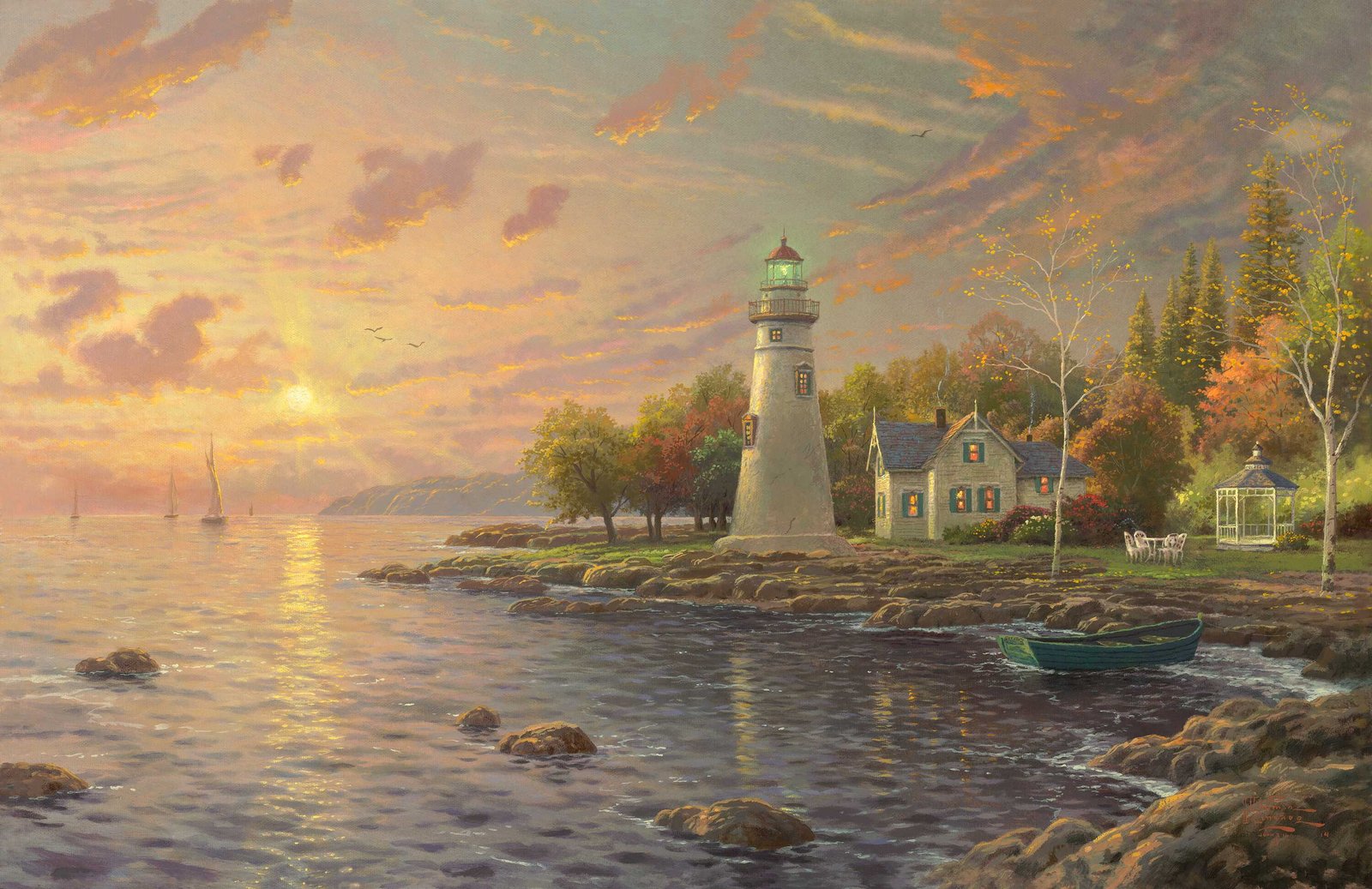 white and gray lighthouse near body of water autumn sunset 2k