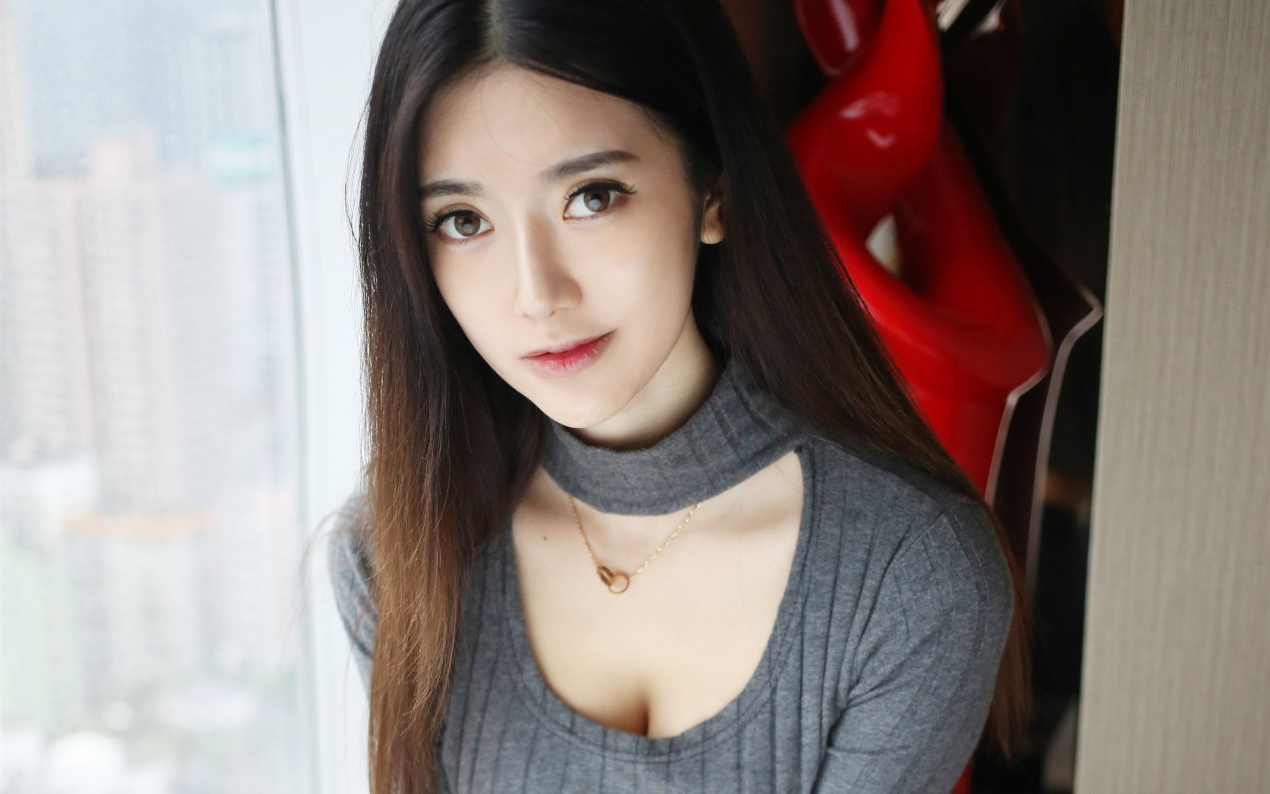 Asian women brunette long hair necklace gray dress brown eyes 2k