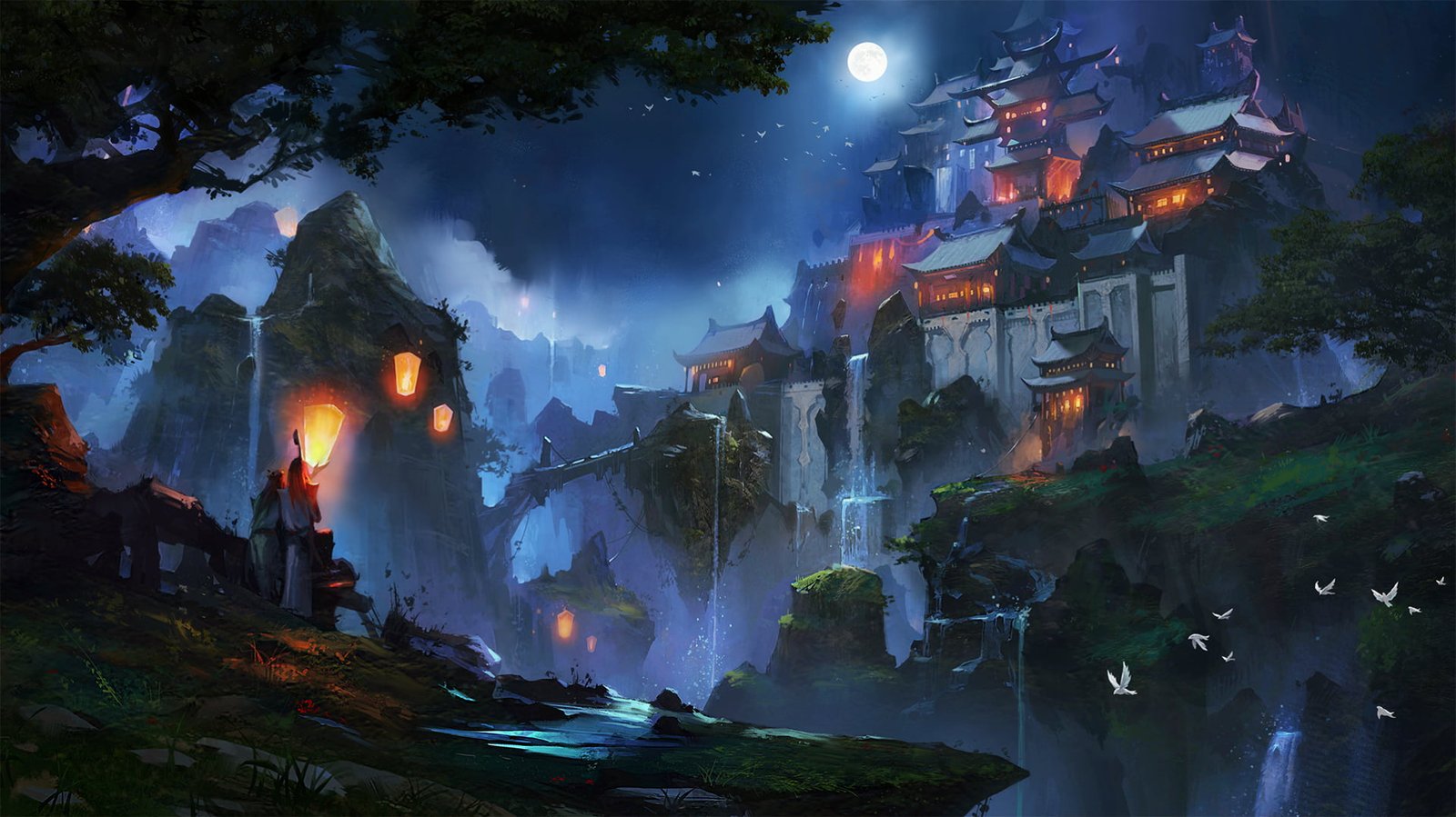 gray temple on top of rock formation fanart China Light Japan 19 2k