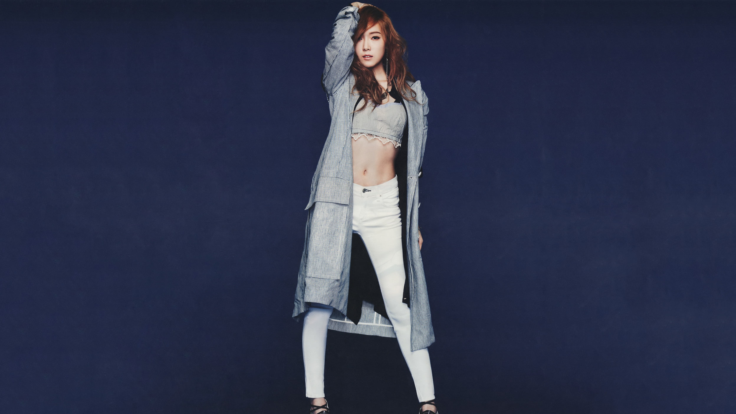 women Jessica Jung Korean Asian arms up model K pop Girls Generation SNSD blue background 2k